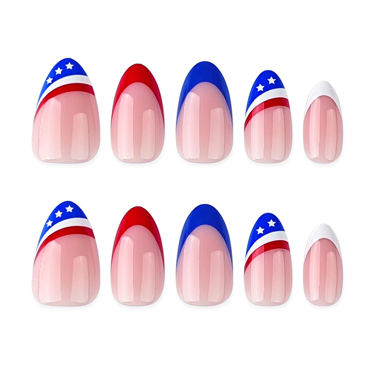 4th of July Press on Nails Blue Red Fake Nails Short Almond False Nails Press ons with American Flag Star Design Stick on Nails Independence Day Acrylic Glue on Nails for Women Manicure 24Pcs
