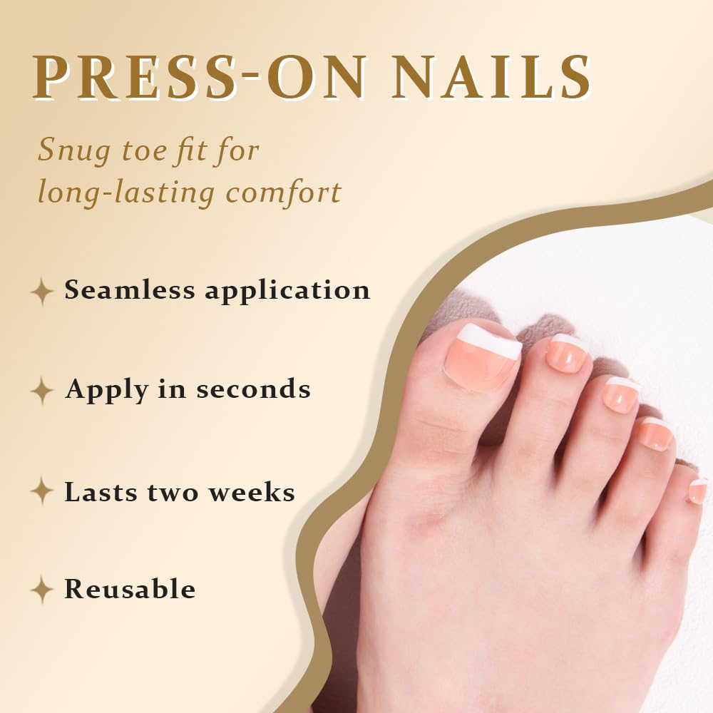 evpct French Press on Toenails Short Square, Summer Nude Brown + White Tip French Toe Nails Press ons Short Light Perfectly Fit Fake Toenails for Women with Kits Gel Stick, Fake Toenail Kit 32Pcs