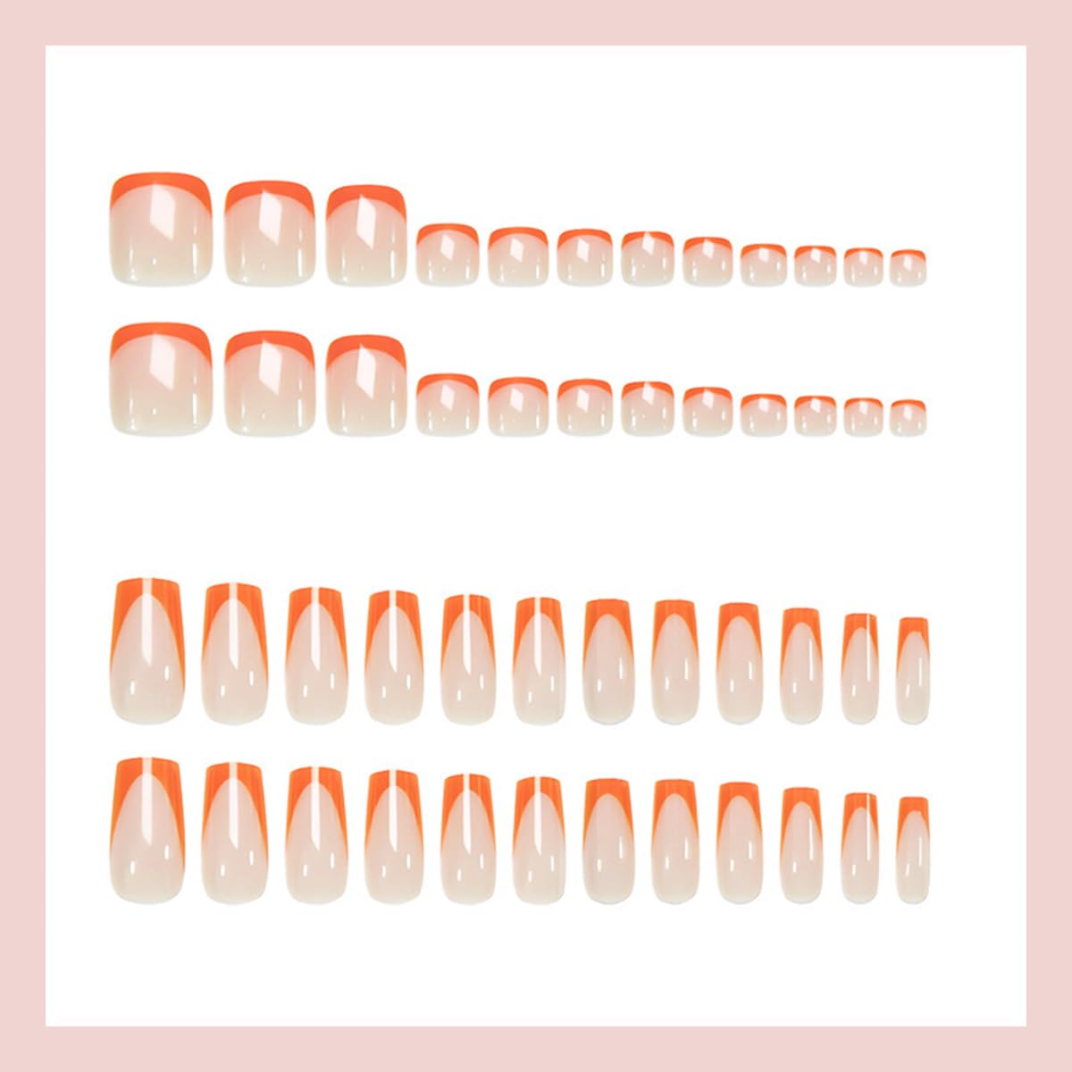 48Pcs Orange French Tip Press on Nails Short & Press on Toenails Set - Medium Fake Nails Press ons Nail Art Tips Cute Glue on Nails Full Cover Nude Fake Toe Nail with Glossy Design Acrylic Nail Kit