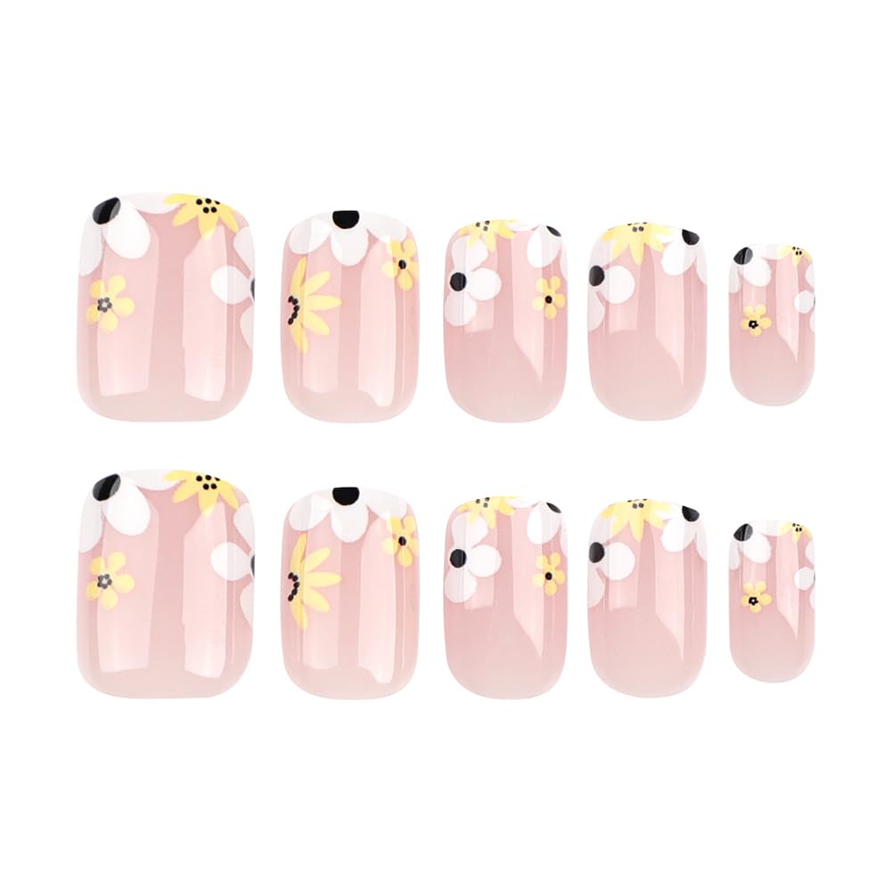 Press On Nails Short, Acrylic Nails Press on, Short Square Press on Nails Fake Nails Glossy False Nails with Flowers French Tip Nails Press ons Designs Artificial Nails Stick on Nails for Women 24Pcs