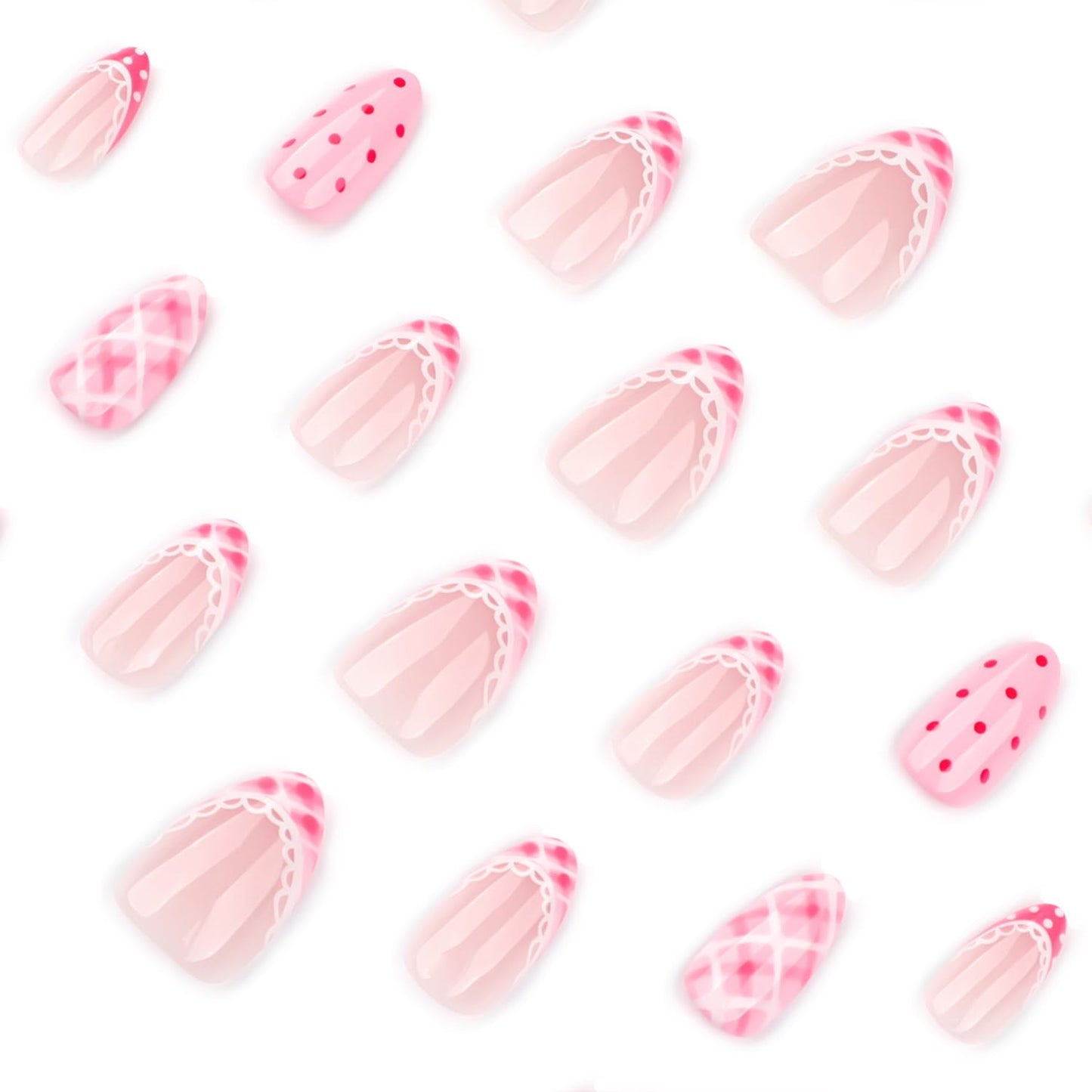 LWTZLW Cute Polka Dots Press on Nails French Tip Short Almond False Nails with Pink Grids Design Full Cover Glue on Nail Summer Reusable Acrylic Fake Nails Glossy Artificial Stick on Nail for Women