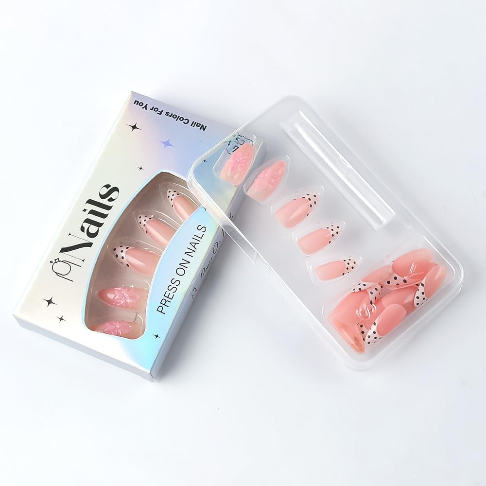 Almond Press on Nails Medium Fake Nails with 5D Flower Charm Design Glossy Polka Dots French Tips Glue on Nails Spring Summer Nail Press ons Reusable Full Cover Pink Nail for Women Manicure 24Pcs