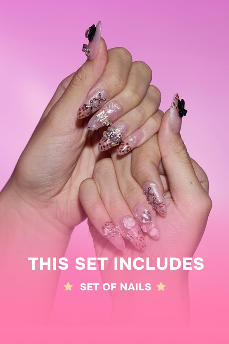 Gyaru Glam Leopard Print Press-On Nails – Kawaii Cosplay Nails with Glitter, Bows & Charms - Costume Accessory (Gyaru, L)