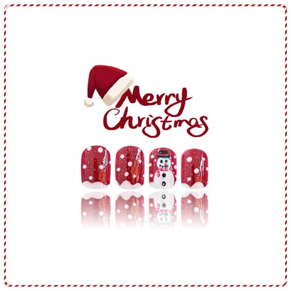 Christmas Snowman Fake Nails Red Press on Nails Winter Short False Nails with Snow Designs Xmas Full Cover Glue on Nails Cute Artificial Acrylic Nail Christmas Stick on Nail for Women