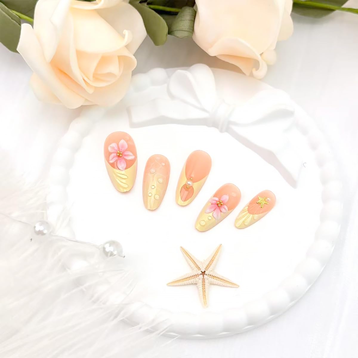 24Pcs Flower Press on Nails Medium Almond Fake Nails Yellow French Tip False Nails with 3D Pink Flower Dewdrop Design Pearl Gems Artificial Stick on Nails Full Cover Glue on Nail for Women Manicure