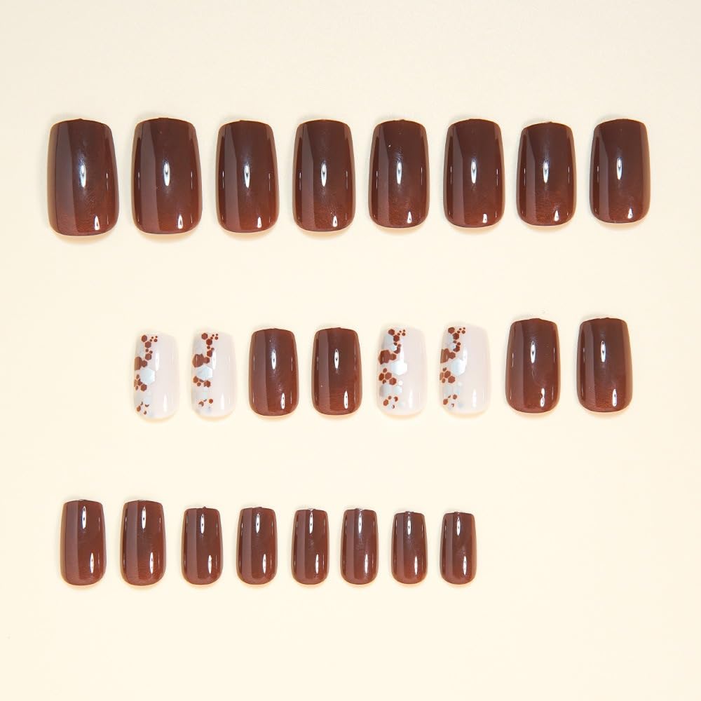 CTTHNBD Square Press on Nails Short - Brown Fake Nails with Silver Sequins Design - Glossy Full Cover Stick on False Nails for Women - 24 Pcs