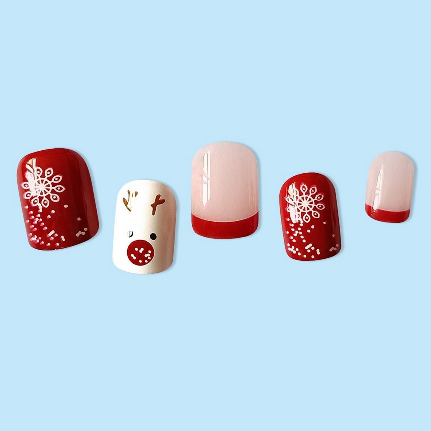 24Pcs Christmas Press on Nails Short Square Red French Fake Nails with Elk Snowflake Design Red White Full Cover Artificial Acrylic Nails Xmas Winter Stick on Nails for Women DIY Manicure Decoration