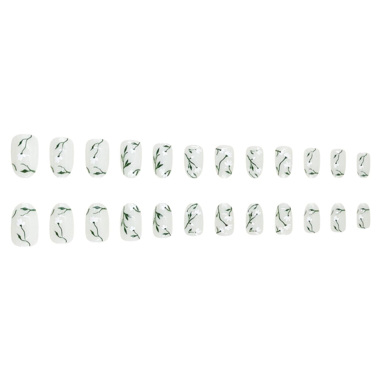 Floral Medium Oval Press on Nails Milky White Base White Floral Accents Green Vine Details Glossy Finish Reusable Spring Nails Easy Apply Wear Durable Trendy Women Girls Nails Art 24 Pcs