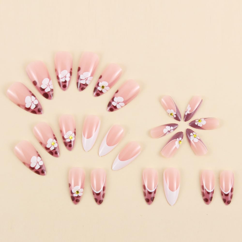 MINGCHUN Pink Press on Nails Medium Almond French Tip Fake Nails Press ons Acrylic Nail Art Kit Full Cover False Nails Glue on Nails with Leopard Flower Glossy Design for Women Nail Supplies 24Pcs