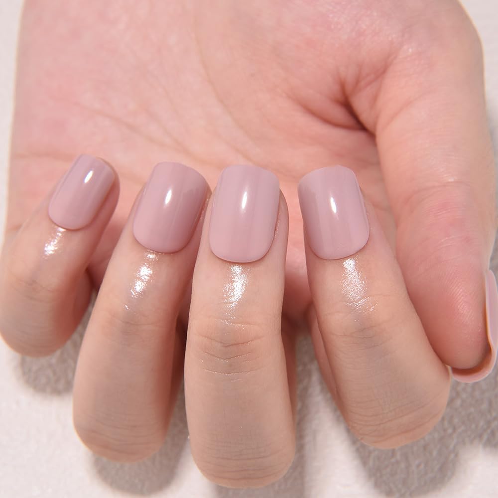 evpct Mauve Pink Glossy Press on Nails Short Square, Glossy Mauve Fake Nails Summer Reusable, Acrylic False Nail Stick on Press ons for Women Gifts, Perfectly Fit False Nail Kit with Kits 30Pcs