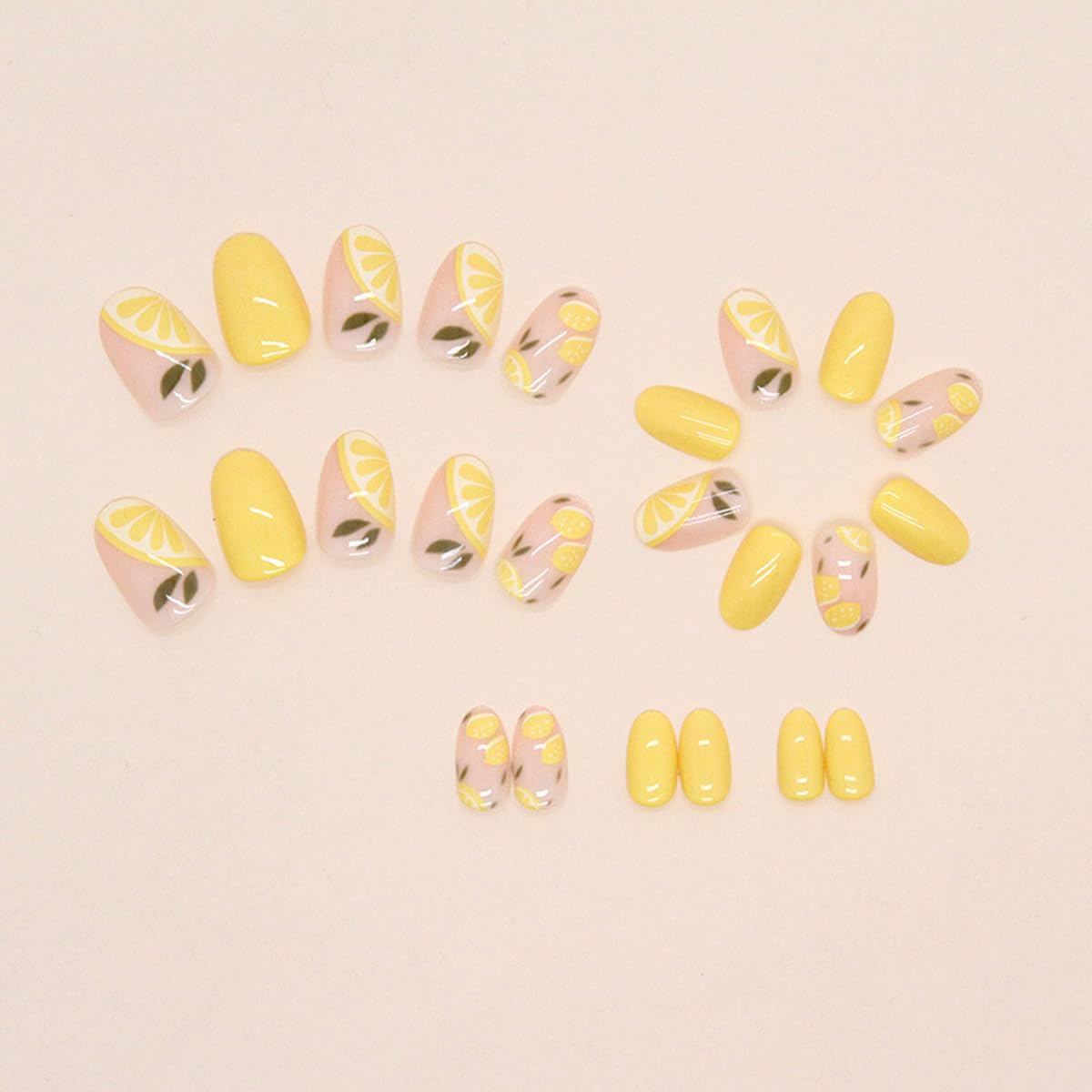 Summer Lemon Press on Nails Short Oval Fake Nails Yellow False Nails Press ons with Design Reusable Artificial Nails Glossy Full Cover Glue on Nails Stick on Nails for Women Girls Manicure 24Pcs