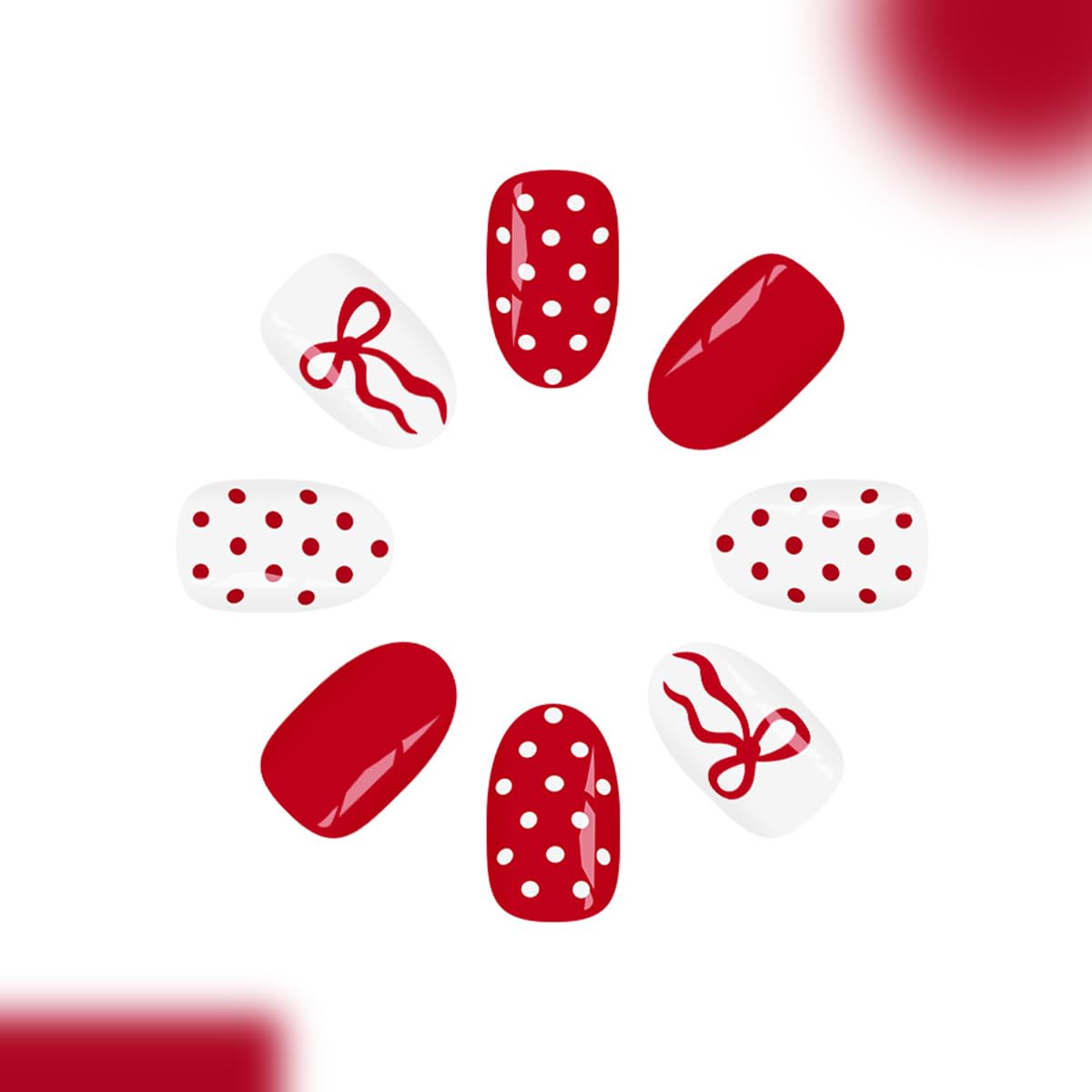 24Pcs Valentines Press on Nails Short Oval Fake Nails Red French False Nail Tip Kit with Bow Polka Dots Designs Sparkly Glossy Nude Glue on Nails Full Cover Acrylic Red White Stick on Nail for Women