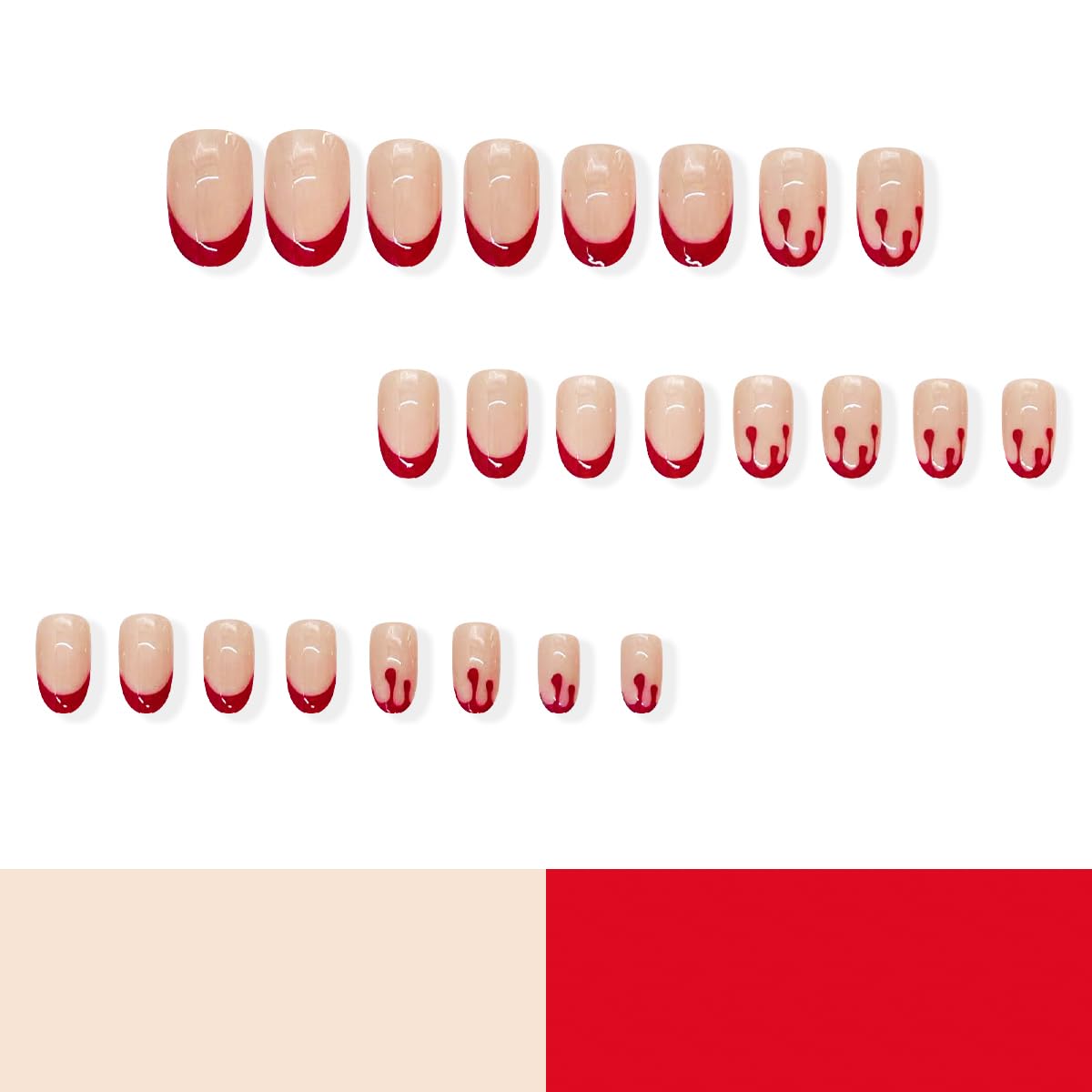 Halloween Press on Nails Red French Tip Almond Fake Nails with Terror Blood Designs Holiday Press on Nails Glossy Nude Artificial Nails for Women Halloween Manicure Supplies 24Pcs
