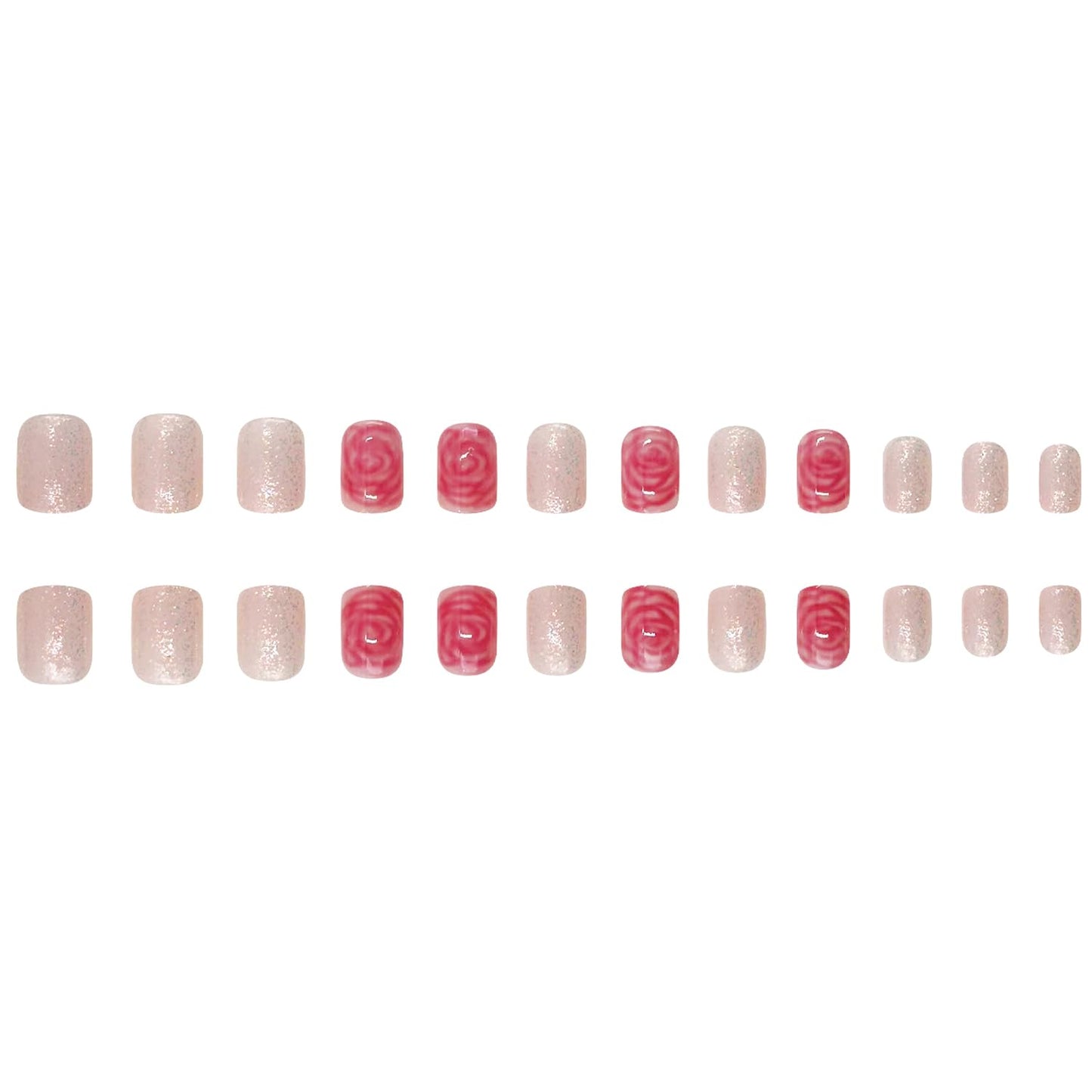 24Pcs Valentines Press on Nails Short Square Fake Nails Red Rose Flower False Nails Cute Floral Acrylic Glue on Nails Glitter Full Cover Nude Glossy Artificial Stick on Nail for Women Manicure Decor