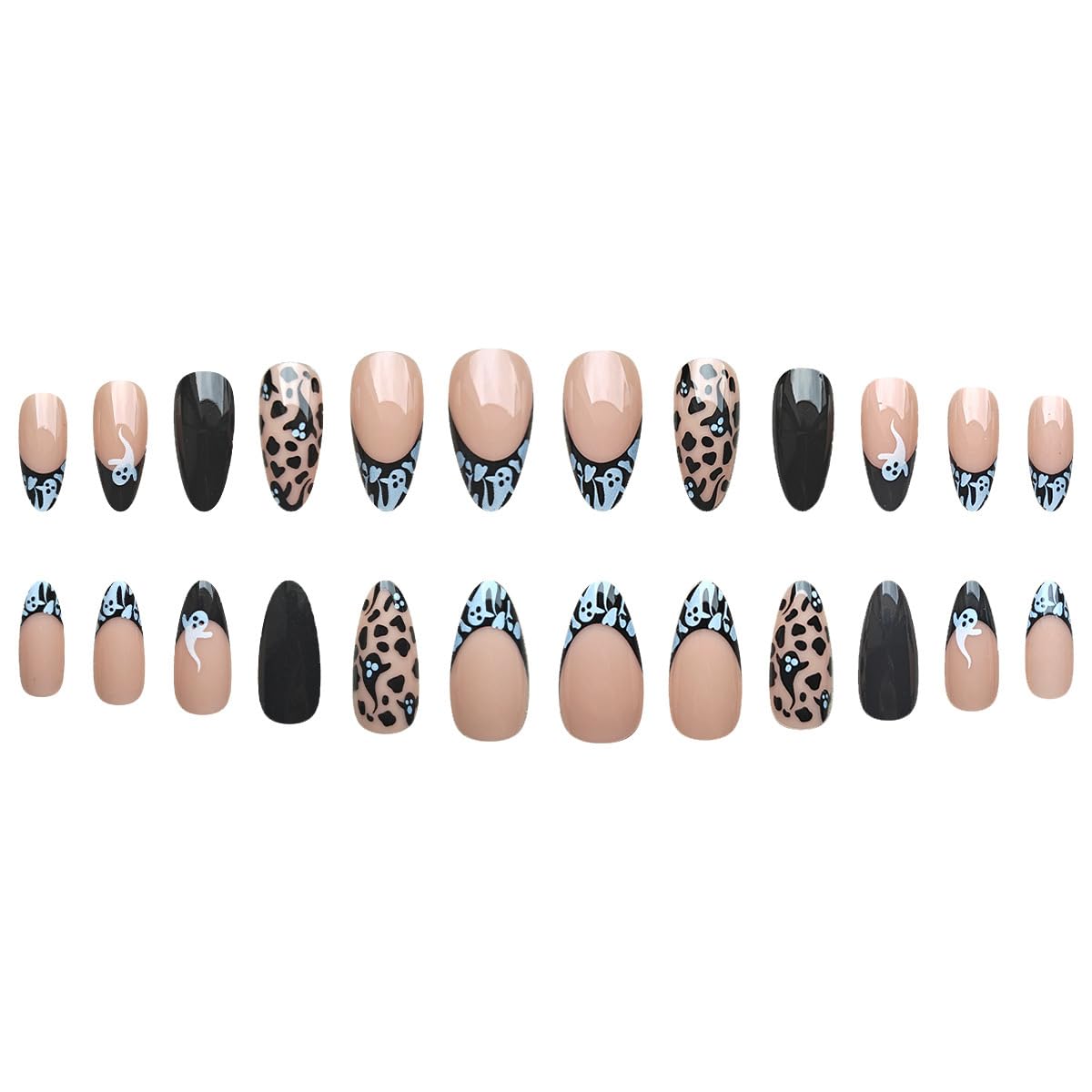 24Pcs Halloween Black Ghost Press on Nails Almond Medium Halloween Fake Nails with Design French Tip Glue on Nails Glossy Full Cover Artificial Nail Reusable Halloween Stick on Nail for Women Manicure