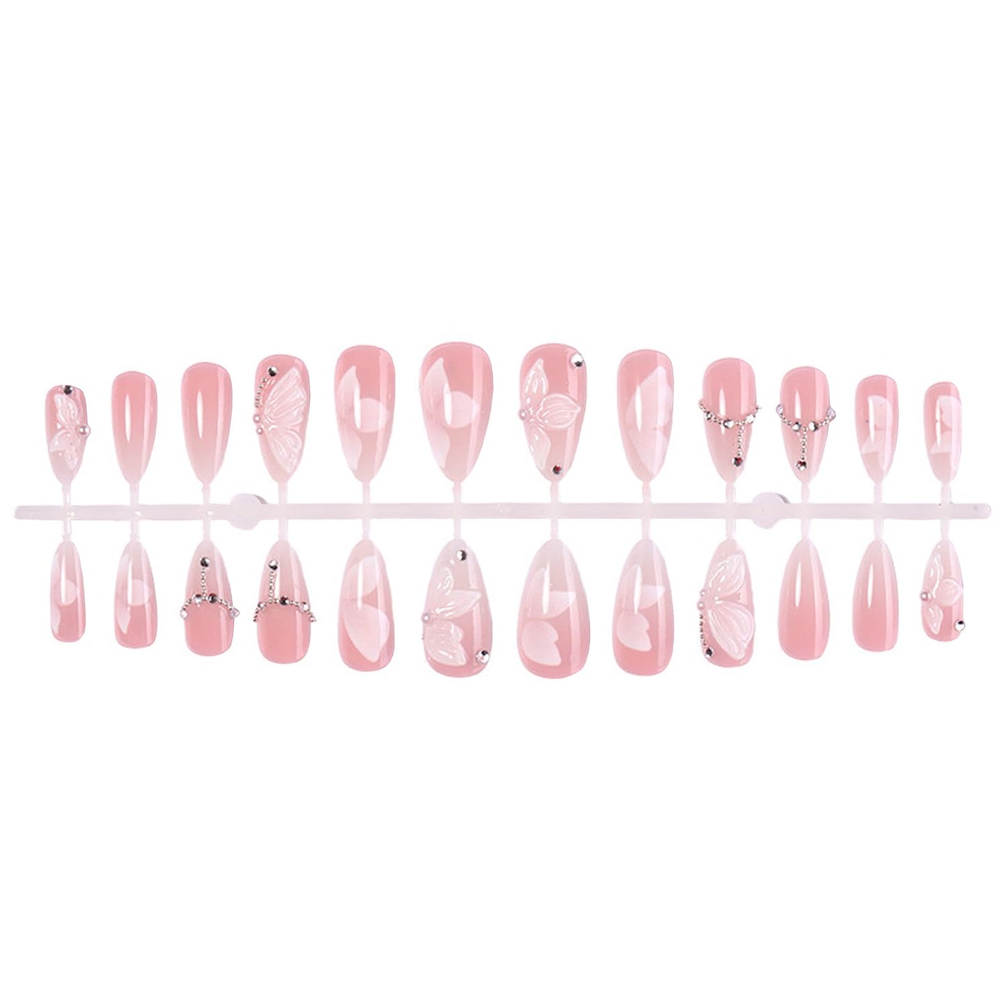 24Pcs White Flower Press on Nails Medium Almond French Fake Nails with 3D Rhinestone Pearls Design Butterfly False Nails Pink Gradient Full Cover Cute Floral Butterflies Acrylic Glue on Nail for Women