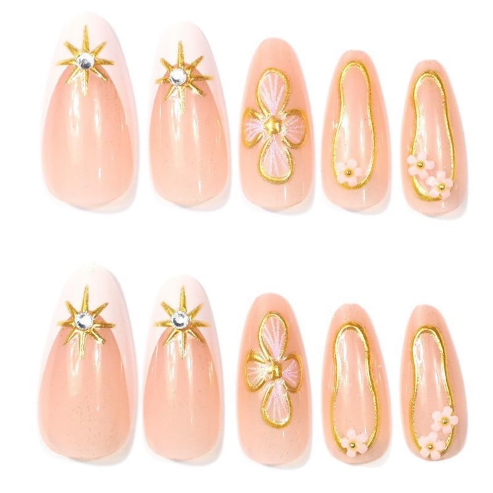 FJSMTOPl Flower Press on Nails 3D Spring Floral Fake Nails Press ons Almond French Tip False Nails Medium Acrylic Glue on Nail Cute Artificial Stick on Nail for Women Manicure 24Pcs