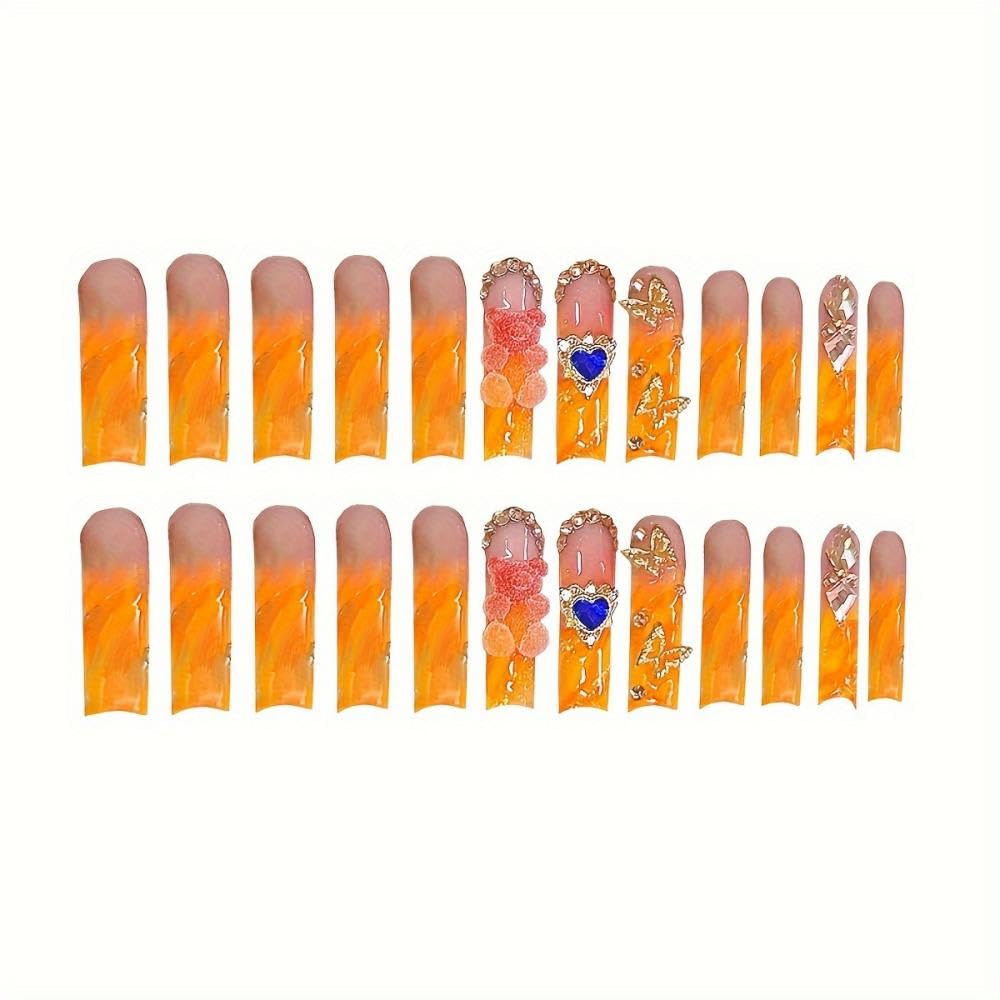 48Pcs Ombre Orange French Tips Press on Nails Long Square Fake Nails with Hearts Bear Charm Design Butterfly Diamond False Nails Short Square Press on Toenails Flower Fake Toenails for Women Manicure