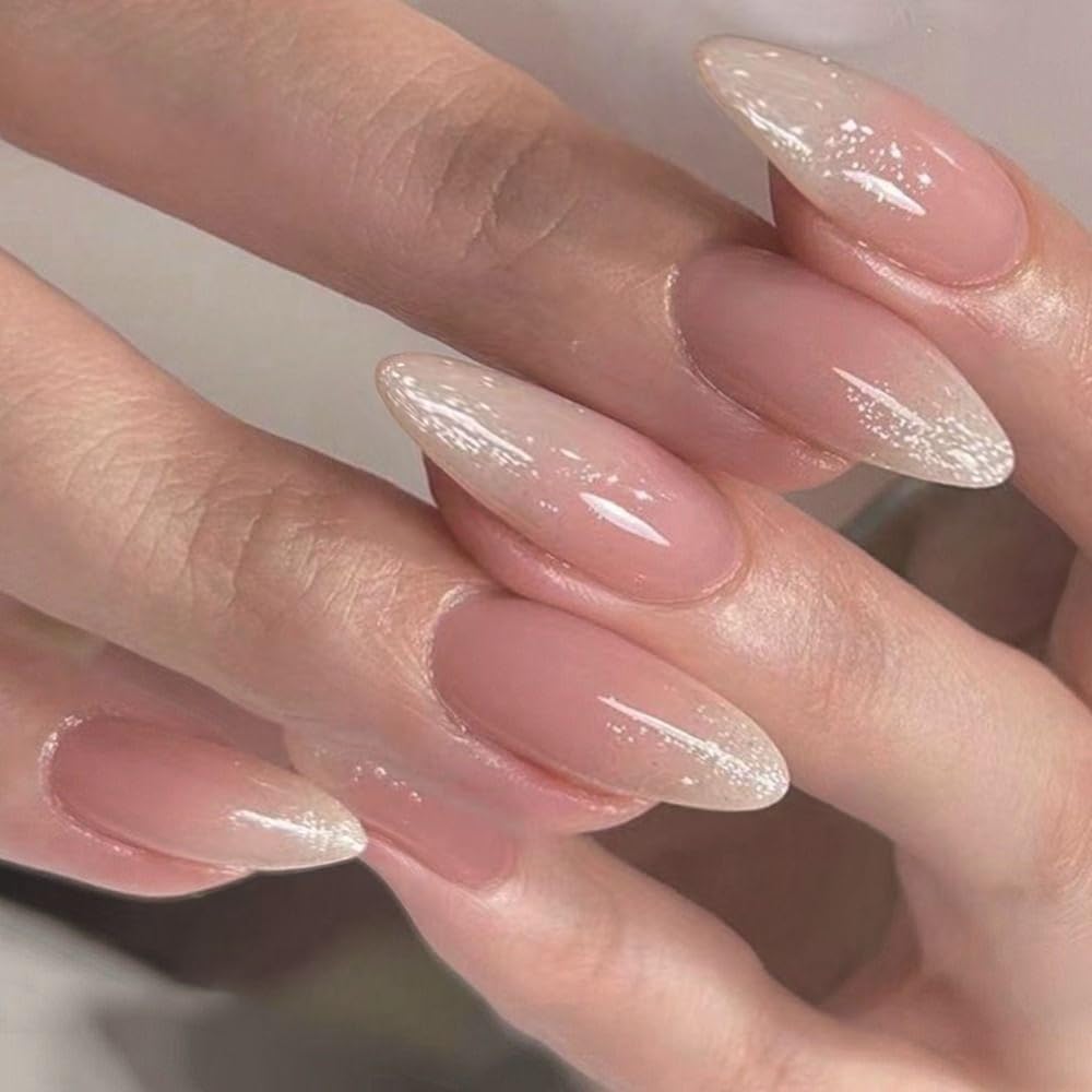 KQueenest Glitter French Press on Nails Medium Stiletto Almond, Glitter Ombre Pink Fake Nails Press on, Shimmer Gradient Acrylic Nails, Luxury Stick on Nails for Women Party Manicure in 24 Pcs