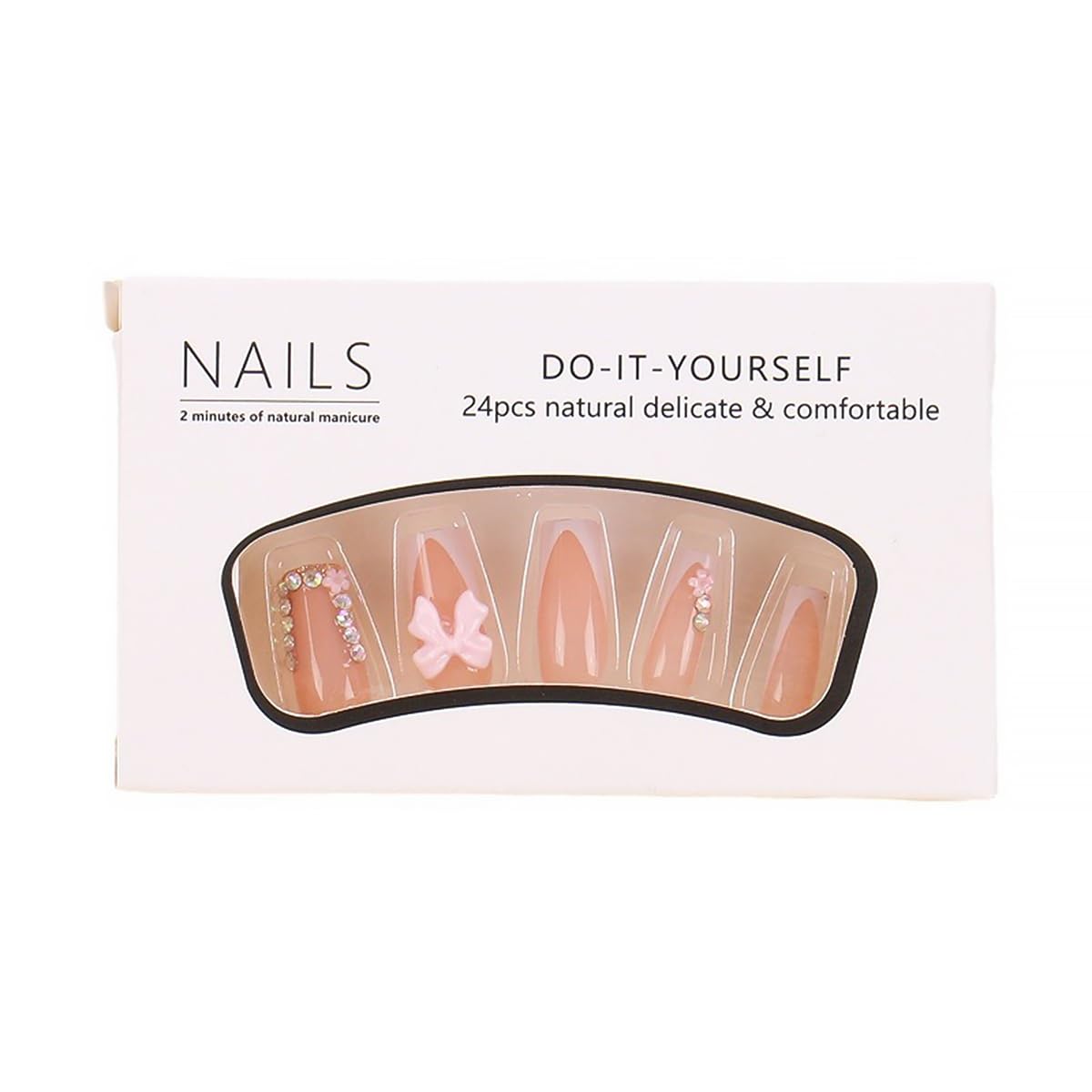 24pcs White French Tip Press on Nails Short Square Fake Nails Rhinestones Full Cover Tip Glitter Stick on Nails Pink Flower Designs Acrylic Glue on Nail Bow False Nails for Women DIY