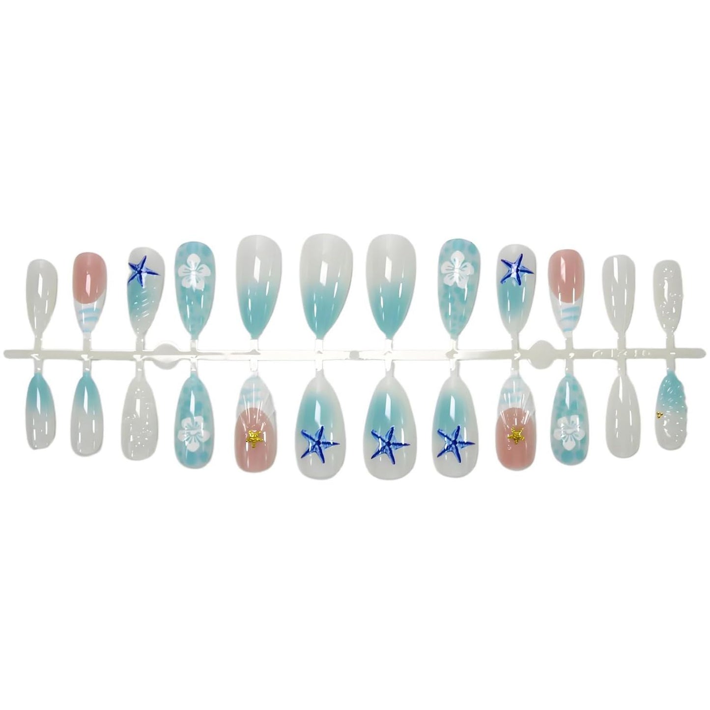 BSBTBZ Summer Ocean Medium Almond 24Pcs Blue Starfish 3D Acrylic ABS Press-On False Nails with Gold Bead Charms & White Flowers Design