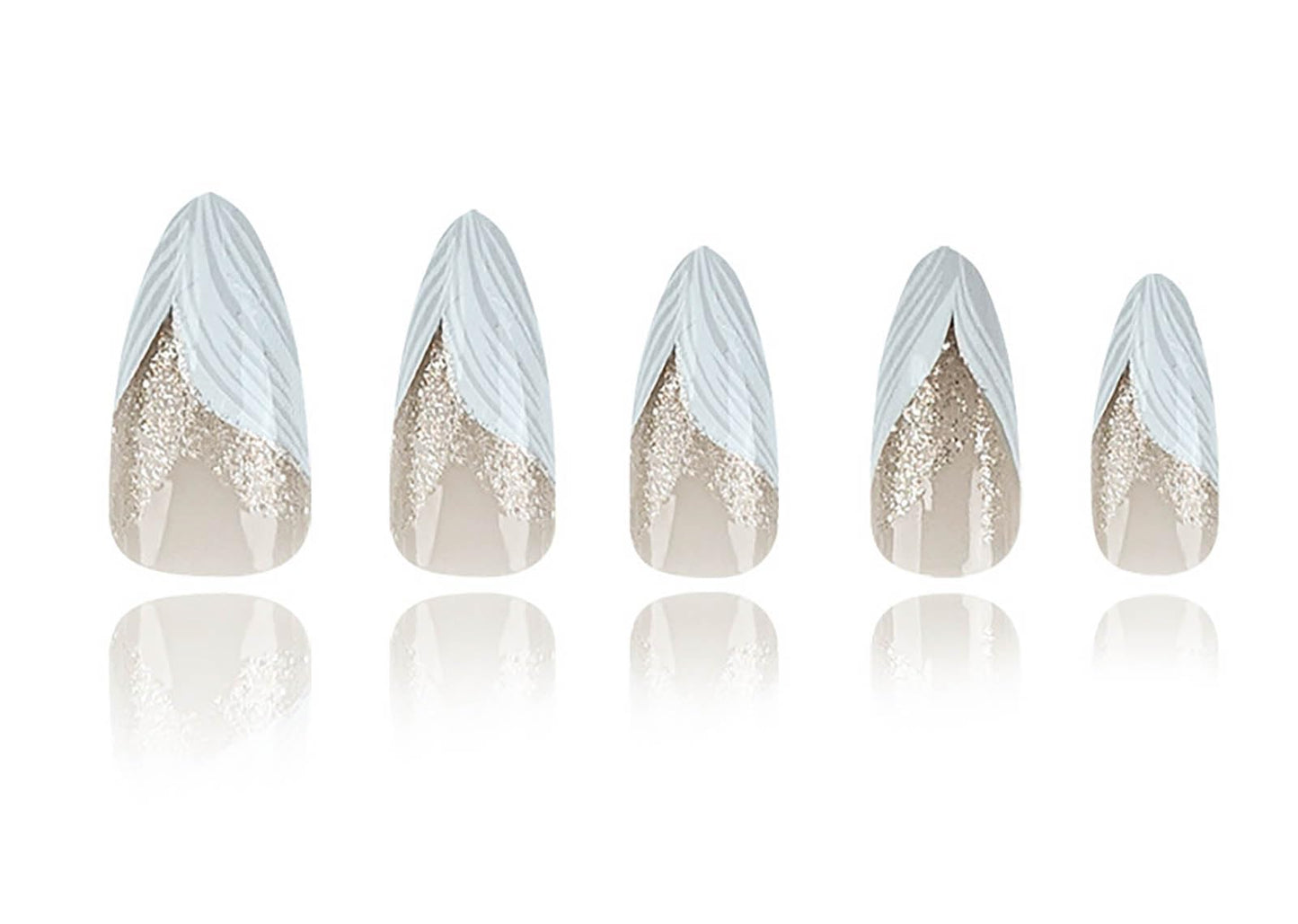 RUOKEXIN Almond Press on Nails White French Tip Fake Nails Medium False Nails with Silver Glitter Designs Almond Nail Press ons Nude Full Cover Glue on Nails Cute Stick on Nails for Women 24Pcs