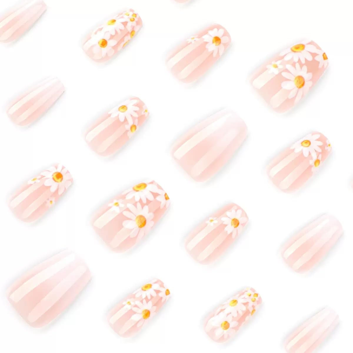 Medium Press on Nails Coffin - Flower Fake Nails with Daisy Design - Summer Full Cover Stick on False Nails - for Women 24 Pcs