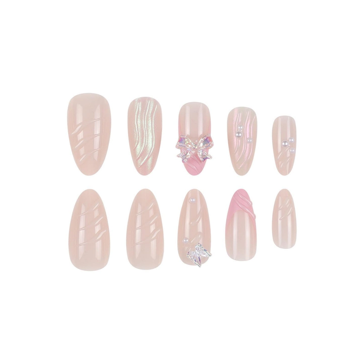 Medium Press on Nails Almond Fake Nails Pink False Nails French Artificial Nails Nude Cute Nails with 3D Bow and Pearl Designs Sparkly Stick on Nails for Women 24pcs
