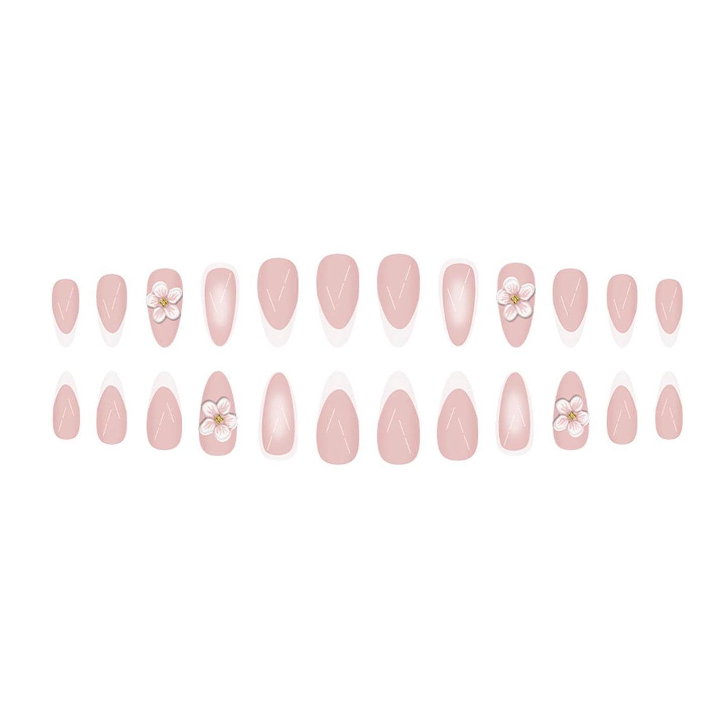 24Pcs 3D Embossed Flower Press on Nails Medium Almond Fake Nails white French Tip with Gold Pearl Design False Nails Cute Pink Floral Glossy Acrylic Artificial Stick Nails for Women DIY Manicure 24Pcs