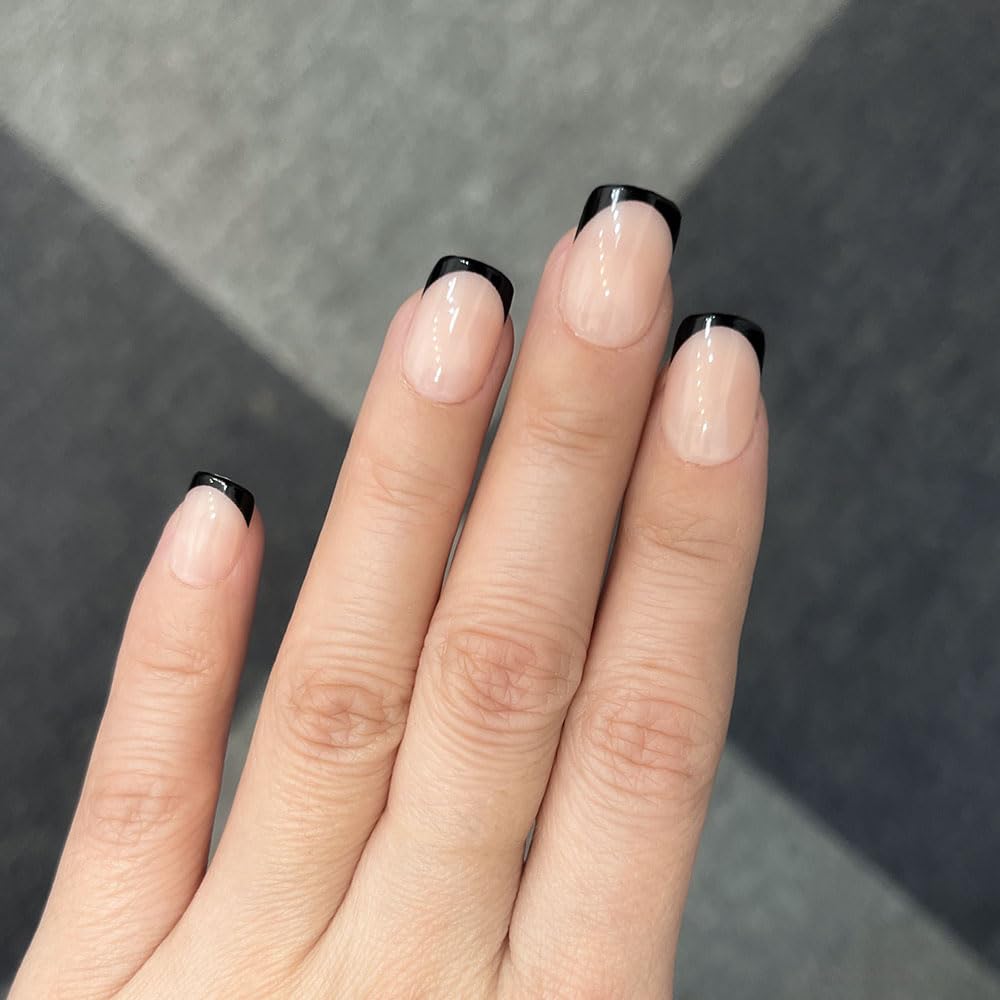 XZMeiLun Black French Tip Press On Nails, Ultra Short Square Shape, Classic Reusable Acrylic Fake Nails, Glossy Salon Quality False Nails for Women & Girls, Daily & Party Daily Wear, 15/30 Pcs.