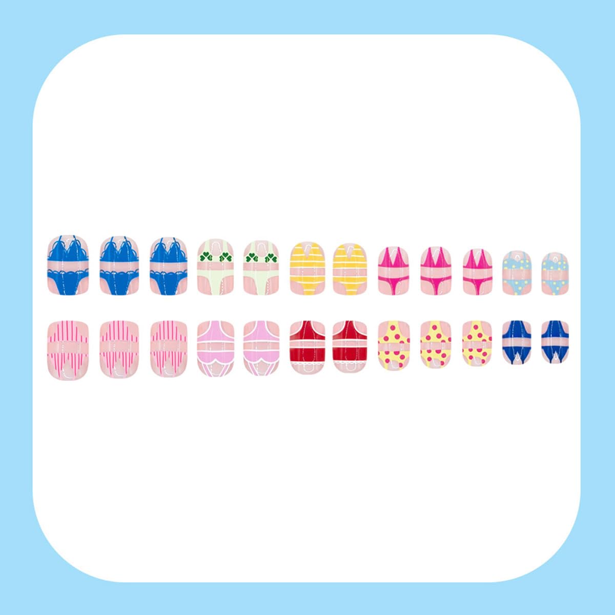Summer Press on Nails - Colorful Short Square Fake Nails with Design, Full Cover Glue on Nails for Women Beach Pool Manicure 24Pcs