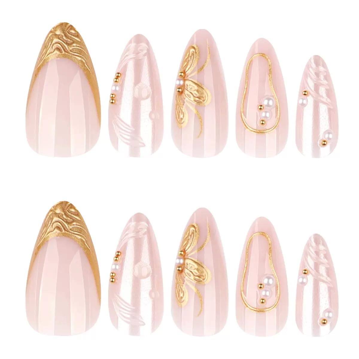 CTTHNBD Press on Almond Nails - Medium Fake Nails with Flower Design - Gold French Tip False Nails Press ons - for Women 24 Pcs