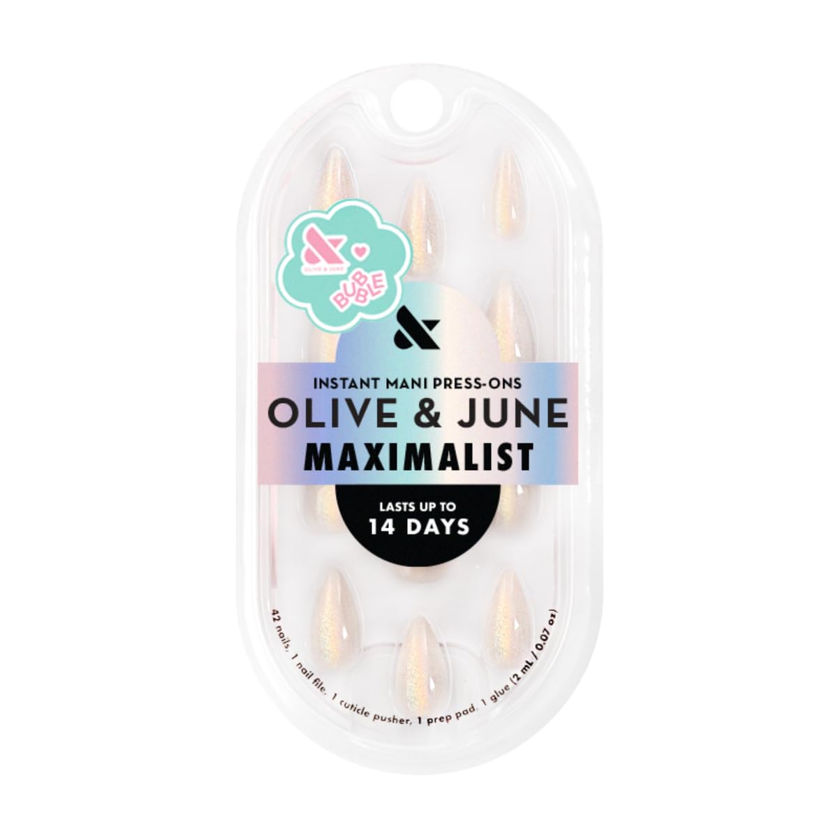 Olive & June Maximalist Instant Mani Press-On Nails (Glue) | 42 Fake Nails, 21 Sizes | Non-Toxic, Long-Lasting Big, Bold Gorgeous Realistic Look | Medium, Stiletto | Neutral Iridescent Velvet