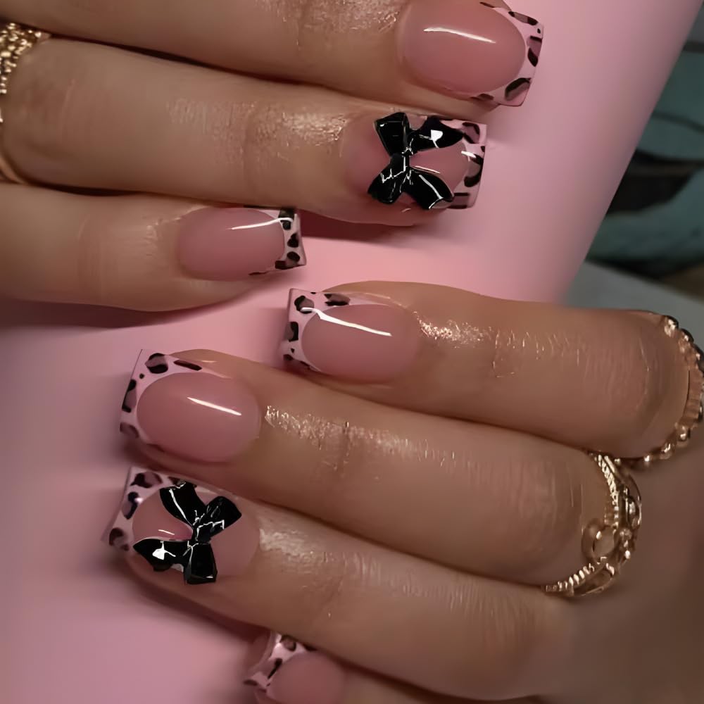 Leopard Press on Nails Short Square Fake Nails French Nails Press ons with Black Bow Nail Charms Design,Reusable & Easy Apply Full Cover Stick on Nail for Women Manicure 24Pcs