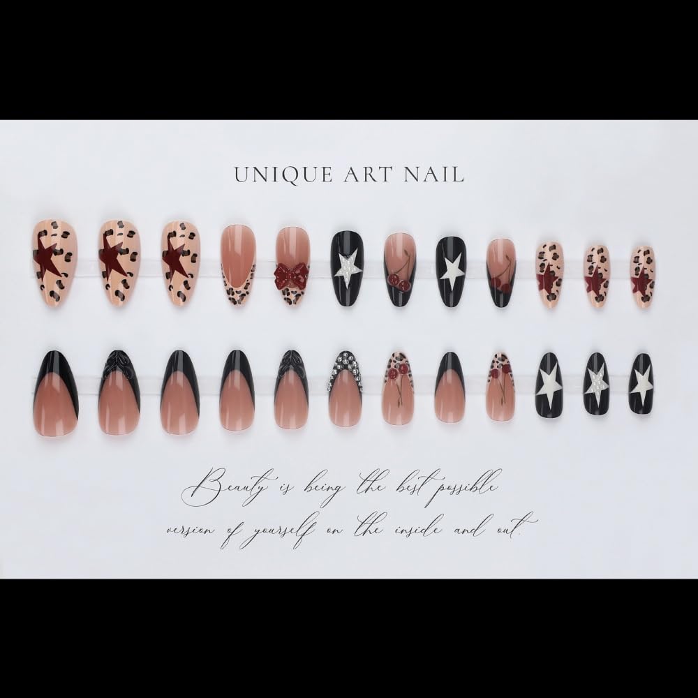 French Tips Press on Nails Medium Almond Fake Nails with 5D Bow Charm Design Glossy Leopard Prints Star Nails Press on Reusable Pearl Cherry False Nail Spring Summer Nail for Women Manicure 24Pcs
