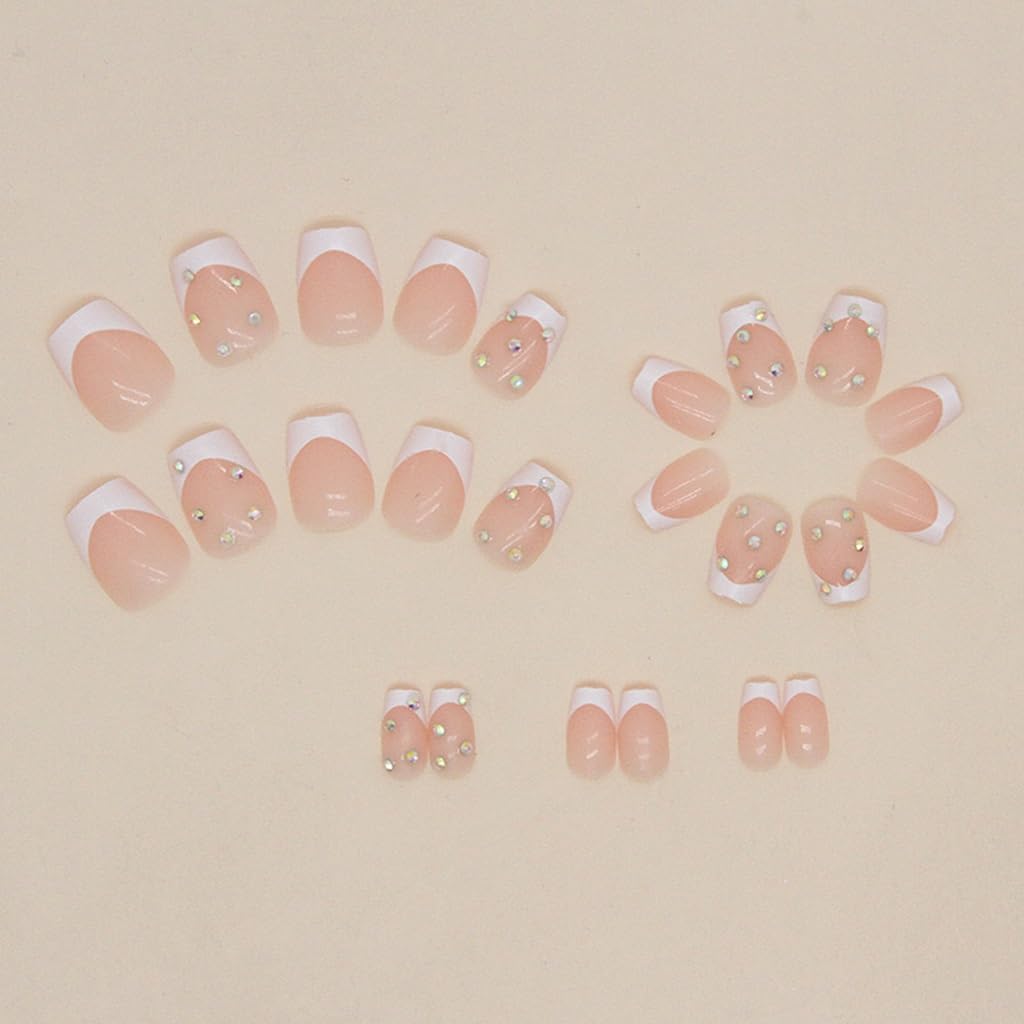 CTTHNBD Extra Short Press on Nails - Square Fake Nails with Rhinestone Design - White French Tip Full Cover Stick on Nails - for Women 24 Pcs