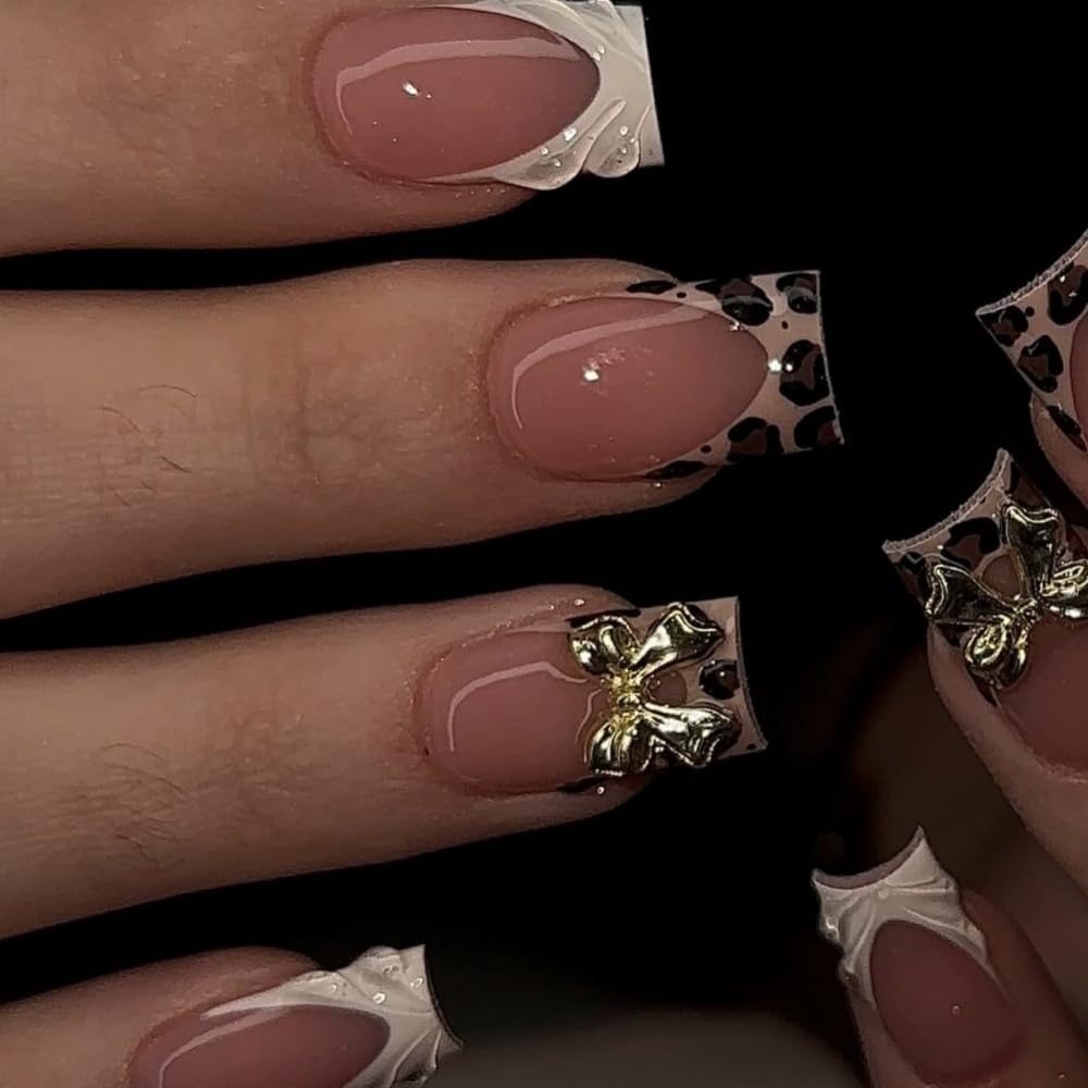 Leopard Prints French Tips Press on Nails Medium Square Fake Nails with 5D Gold Bow Design Water Ripple Glue on Nail Glossy White Nails Press ons Reusable Acrylic Nail for Women Manicure 24Pcs