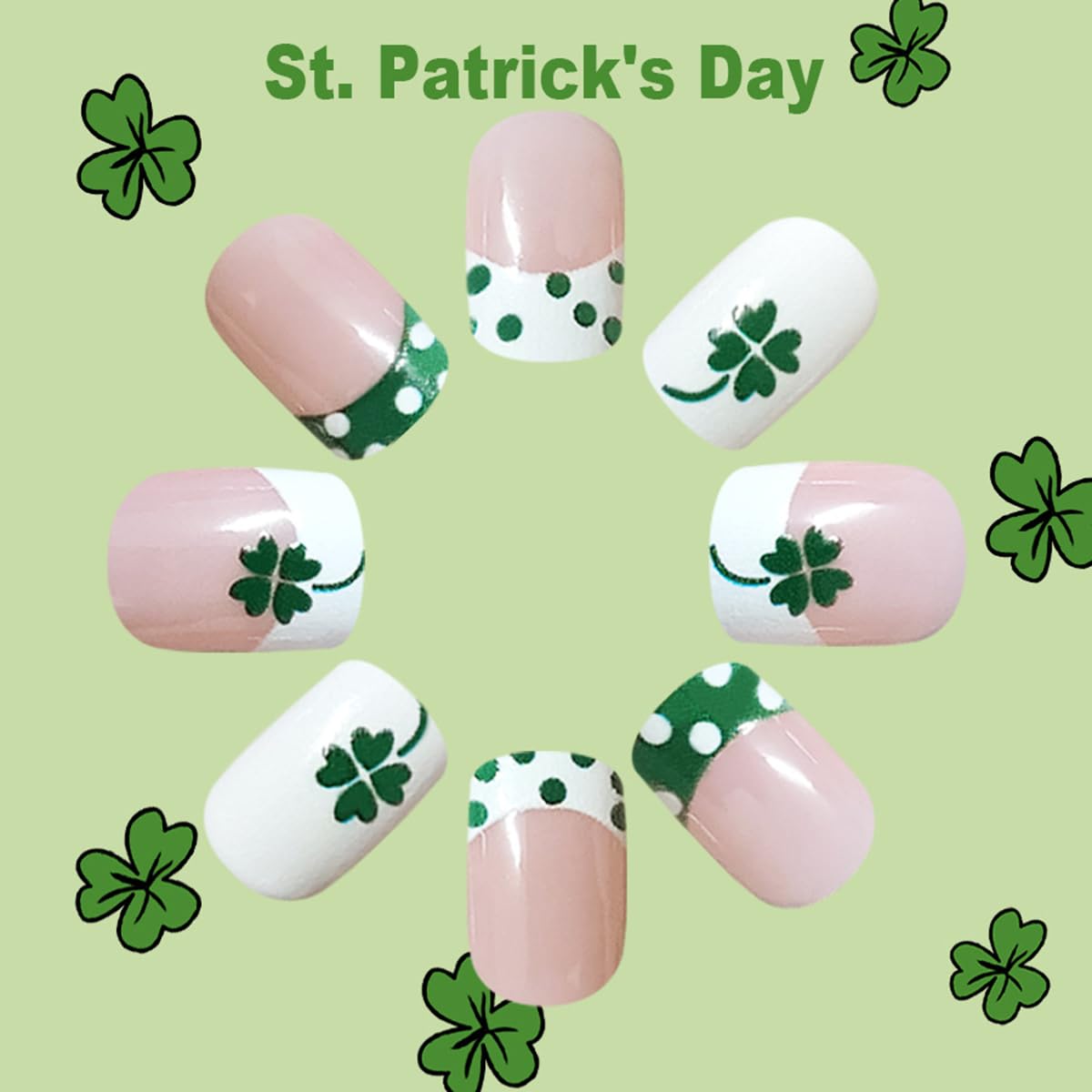 24Pcs St. Patrick's Day Press on Nails Short Square Polka Dots French Fake Nails with Four-Leaf Clover Designs White Nails Press ons Glossy Full Cover Nude Glue on Nails Stick on Nails for Women