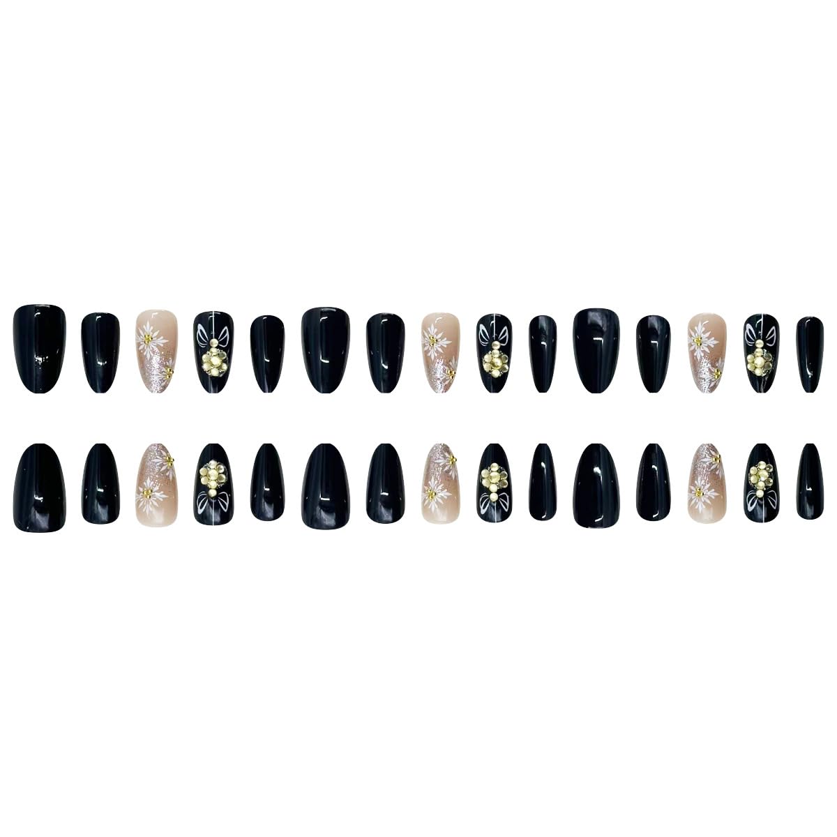 30Pcs Christmas Press on Nails Medium Almond Fake Nail with Gold Rhinestone Designs Snowflake Black False Nails for Women Winter Full Cover Holiday Glue on Nails Xmas Nail Press ons