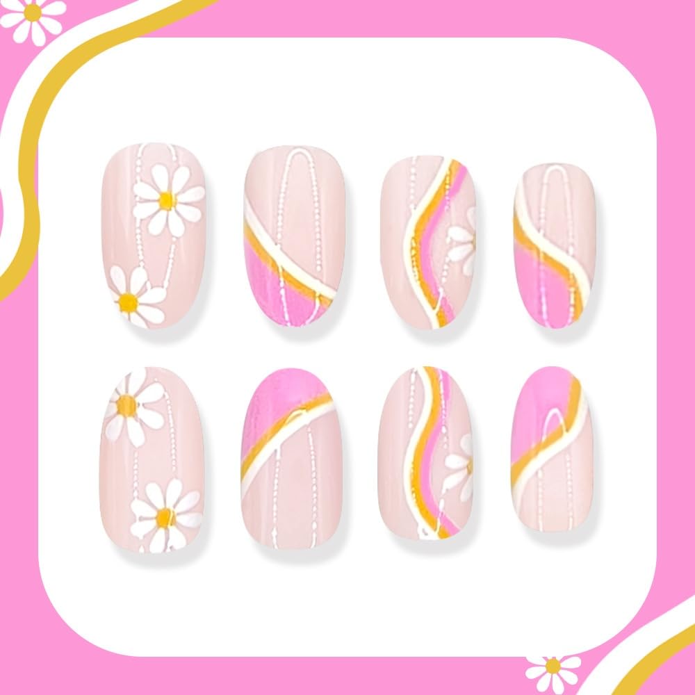 Flower Press on Nails Short Almond Fake Nails with Floral Design Glossy Yellow White Striped Glue on Nails Spring Summer Nail Press ons Reusable Full Cover Pink Acrylic Nail for Women Manicure 24Pcs