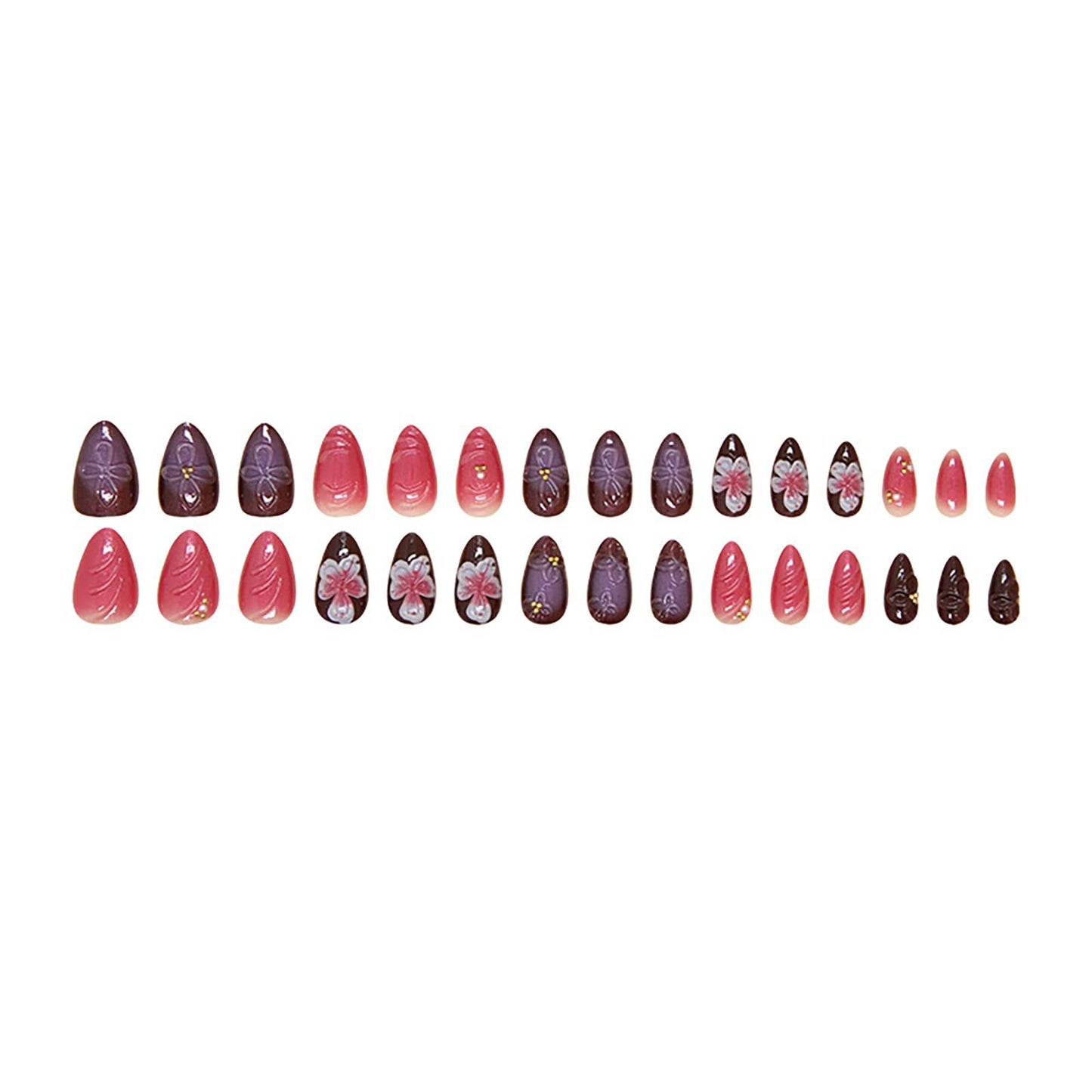 24Pcs Red Purple Almond Press on Nails Spring Summer Flower Fake Nails Glossy Full Cover Nails Press ons 3D Flower Nail Art Reusable False Nails Artificial Medium Stick on Nails for Women Girls