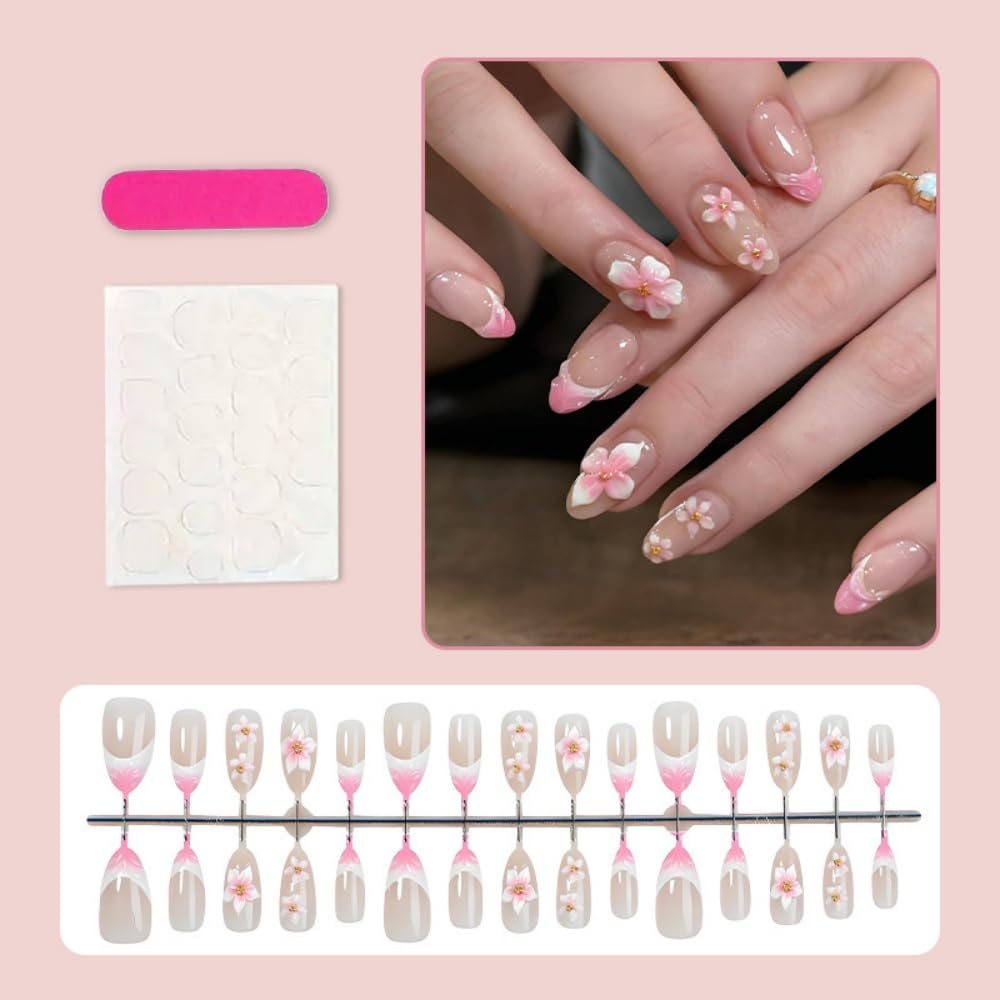 Almond Press on Nails Short Fake Nails with 5D Flower Charm Design Glossy Pink White French Tips Acrylic Nail Ombre Nail Press ons Reusable Cute Spring Summer False Nail for Women Manicure 30Pcs