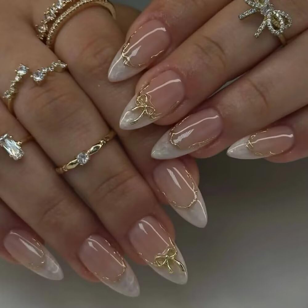 MAGLFELL Press On Nails - Handmade French Almond Shape Nails, Cute 3D Bow Fake Nails, 10 Pcs Reusable Artificial White False Nails for Women (Size L)