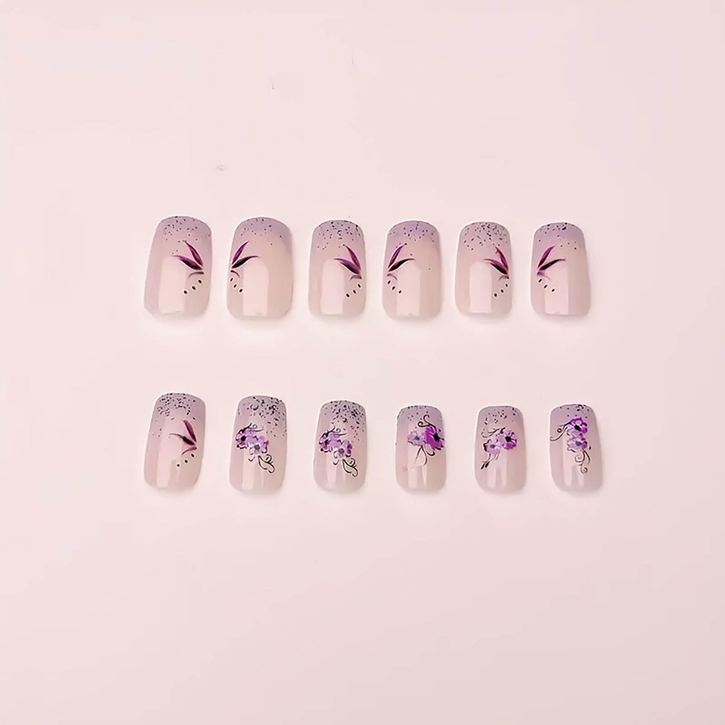 Press on Nails Medium Purple French Tip Fake Nails Glitter Square False Nails with Purple Flower Designs Glue on Nail Glossy Artificial Nails Acrylic Natural Stick on Nail for Women Girls 24Pcs
