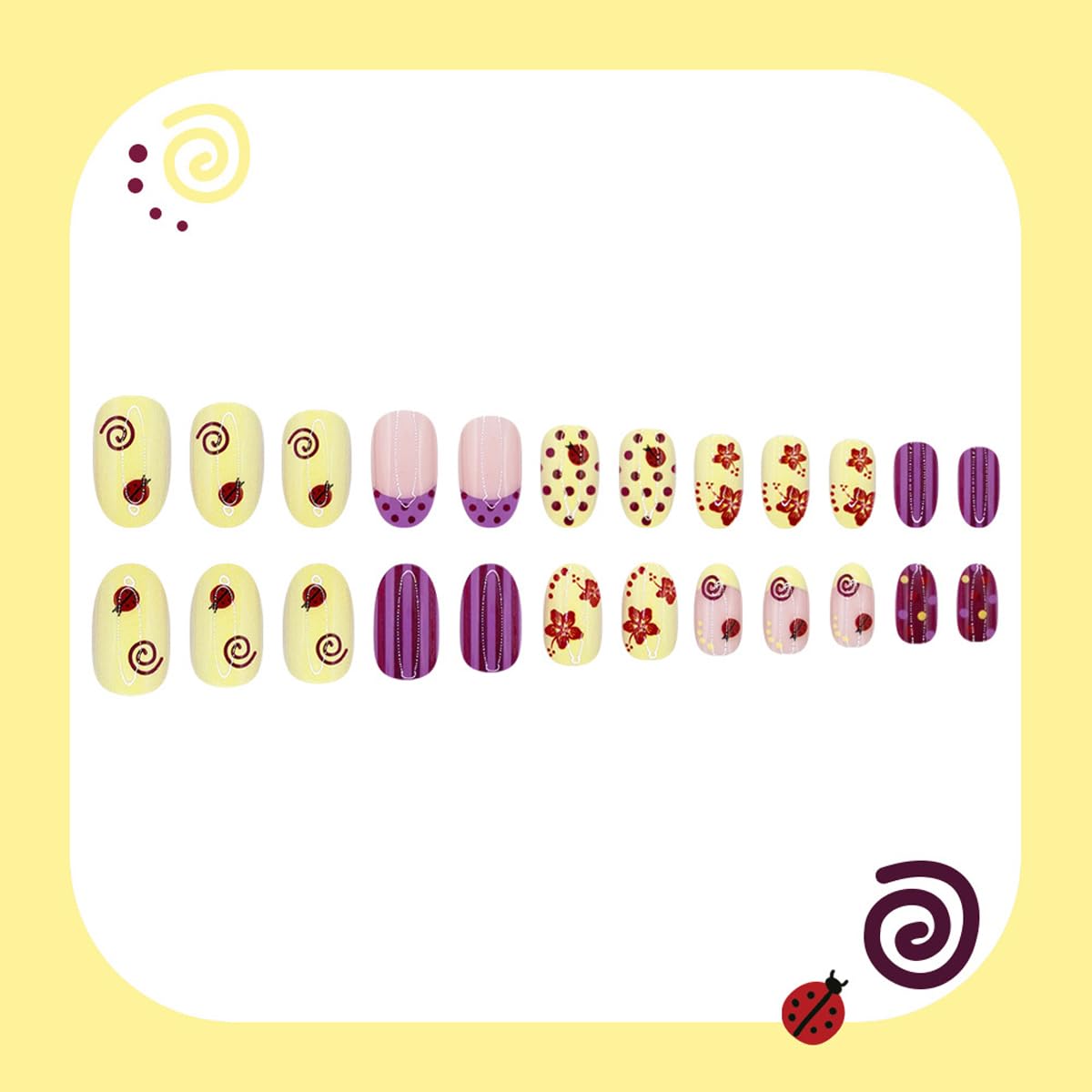 Summer Press on Nails Pink Yellow Fake Nails Short Oval False Nails with Flower Polka Dot Design Artificial Stick on Nails Full Cover Acrylic Glue on Nails for Women Girls Manicure 24Pcs