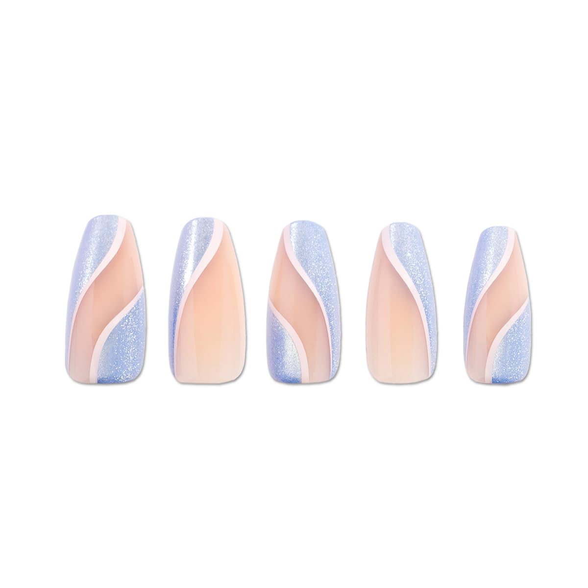 PaintLab Press On Nails - Blue Celestial Waves Coffin Fake Nails, 30 Nails in 15 Sizes with Glue, Reusable Salon Quality Press On Nails