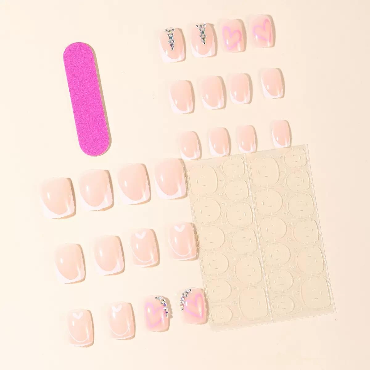 Short Press on Nails Square - White French Tip Fake Nails with Heart Design - Rhinestone, Cute Full Cover Stick on False Nails - for Women 24 Pcs