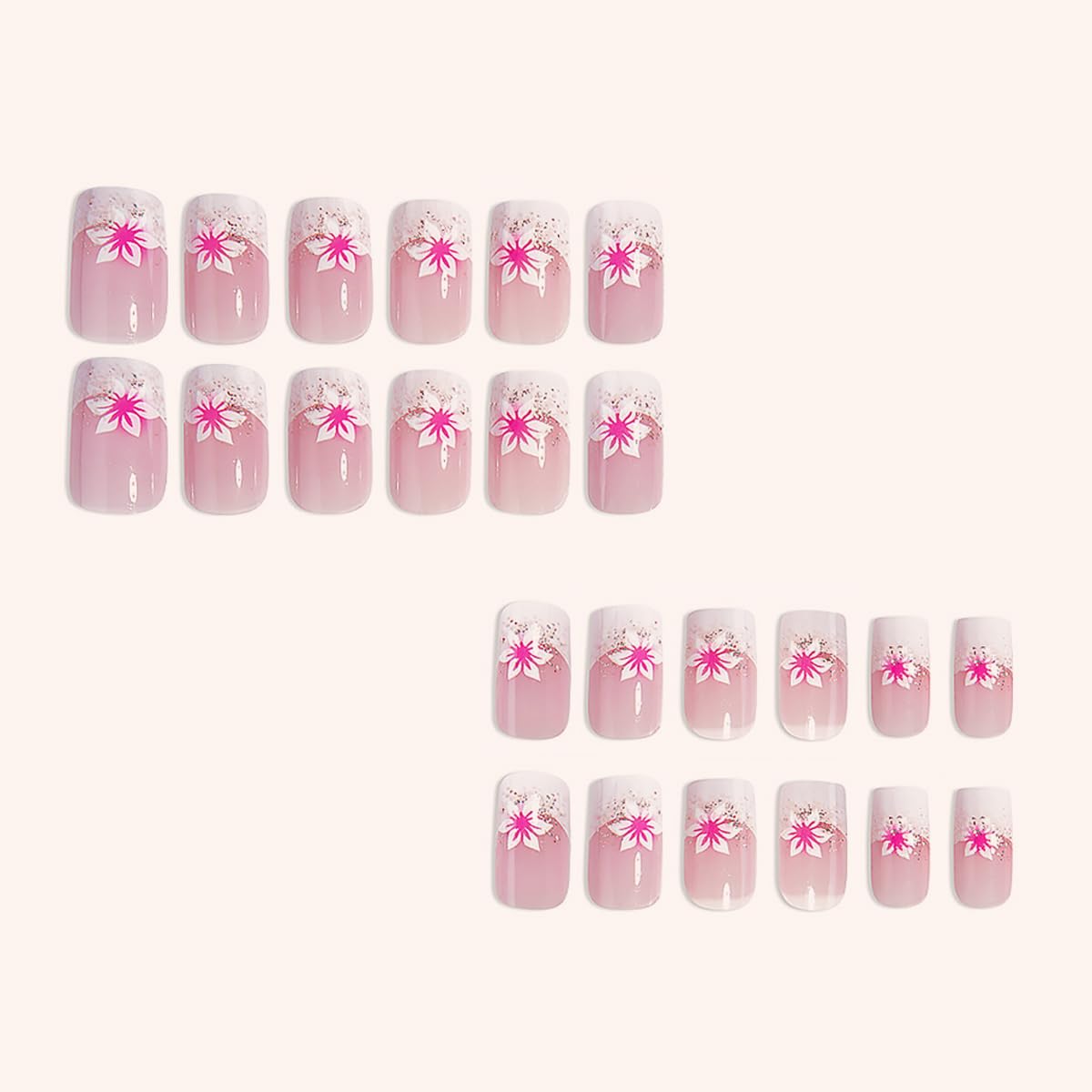 24Pcs French Tip Press on Nails Short Square Fake Nails Pink with Flower Full Cover Tip Glue on Nails Design Artificial Nude Pink False Nails Supplies Stick on Nail Acrylic for Women Nail Art