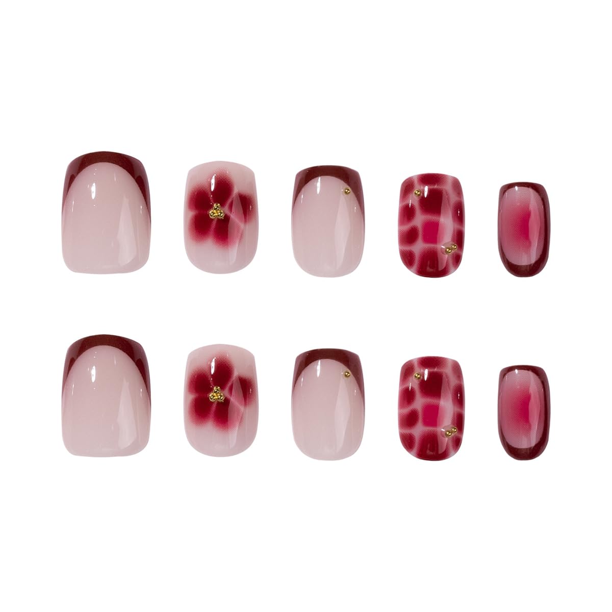 Red Press on Nails French Tip Glue on Nail Medium Square Fake Nails with Gold Beads Design Nude Nails Press ons Full Cover Stick on Nail for Women Manicure 24Pcs