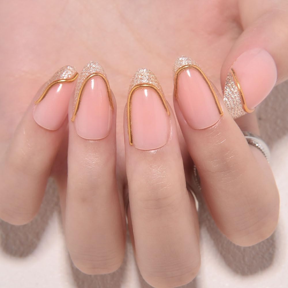evpct French Tip Press On Nails Short Almond, Nude Pink + Gold Line & Gold Glitter Tips, Short Almond Fake False Press on Nails, Reusable Gel Stick on nail Press ons with Nail Kit, Salon Quality